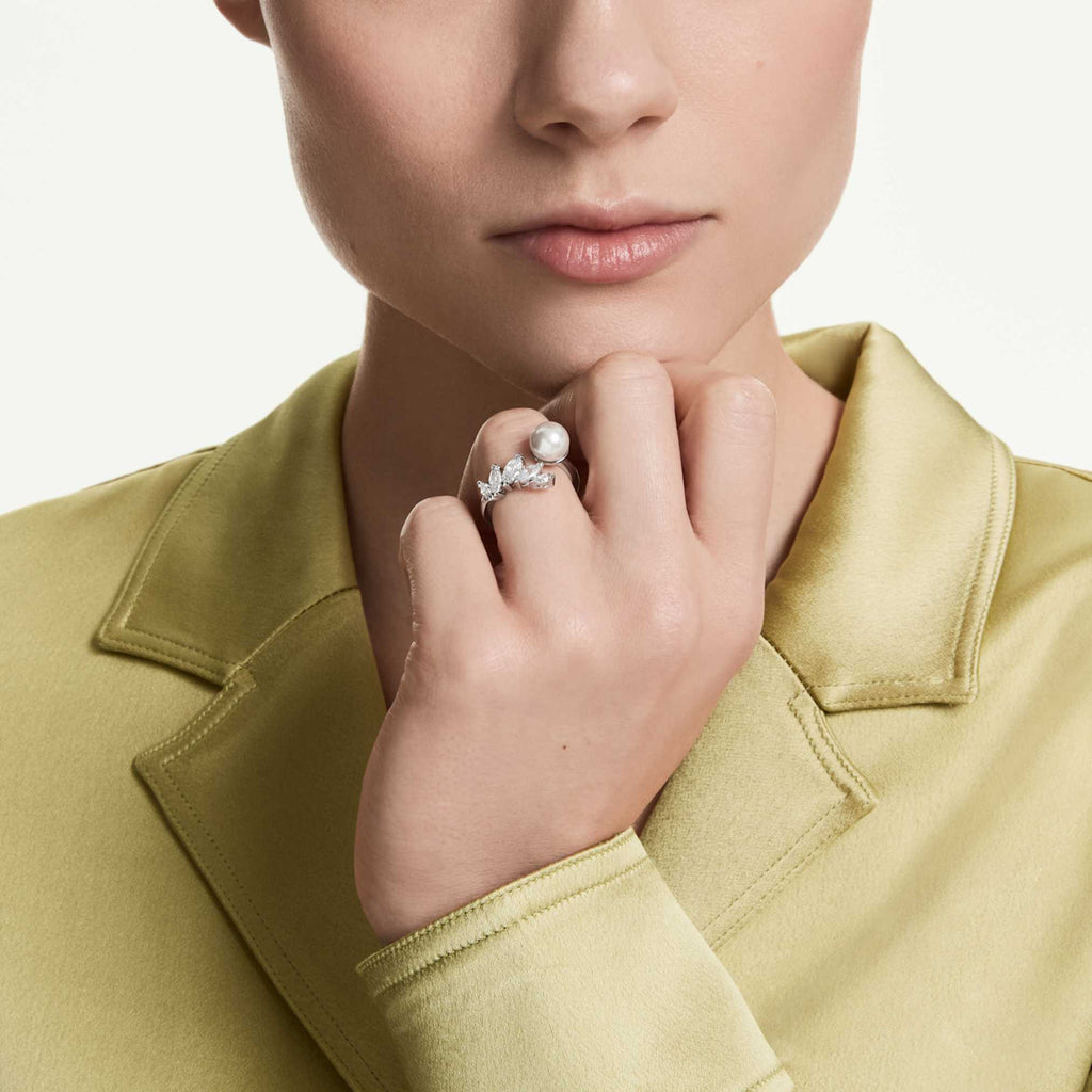 Swarovski Mesmera open ring Crystal pearl, Marquise cut, White, Rhodium plated