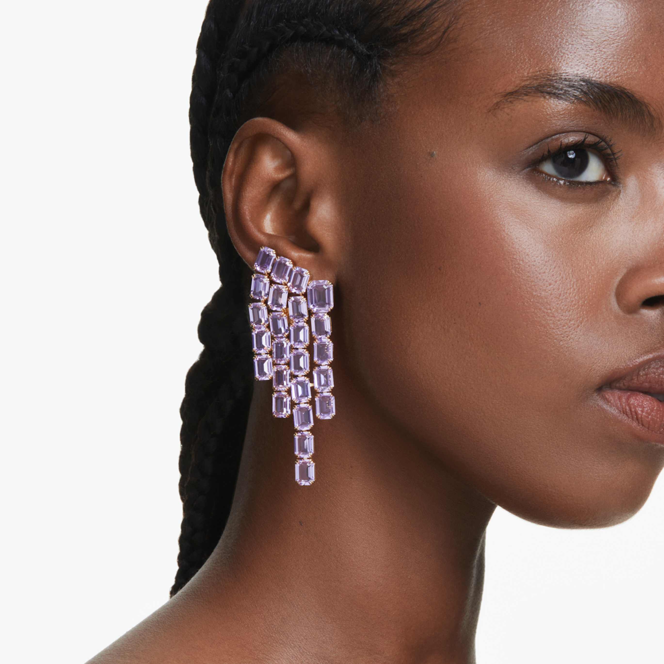 Swarovski Millenia clip earrings Octagon cut, Chandelier, Purple, 18K gold finish