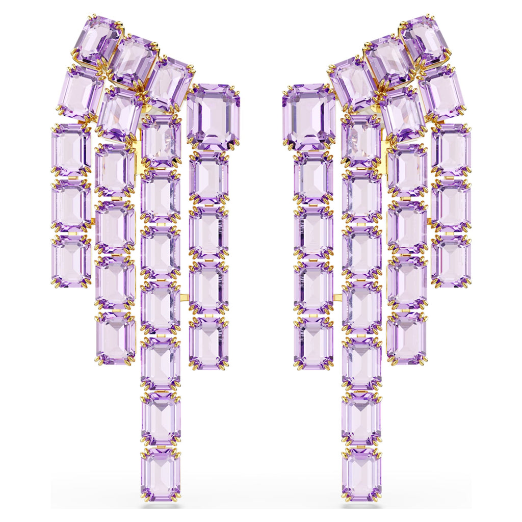 Swarovski Millenia clip earrings Octagon cut, Chandelier, Purple, 18K gold finish