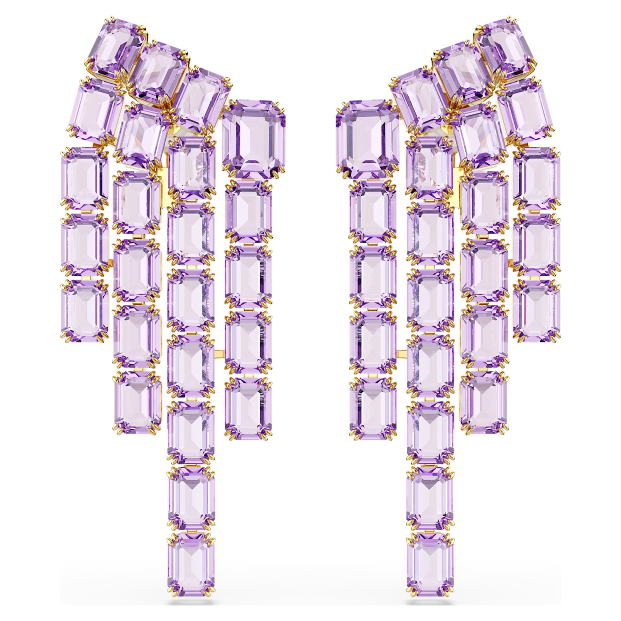 Swarovski Millenia clip earrings Octagon cut, Chandelier, Purple, 18K gold finish