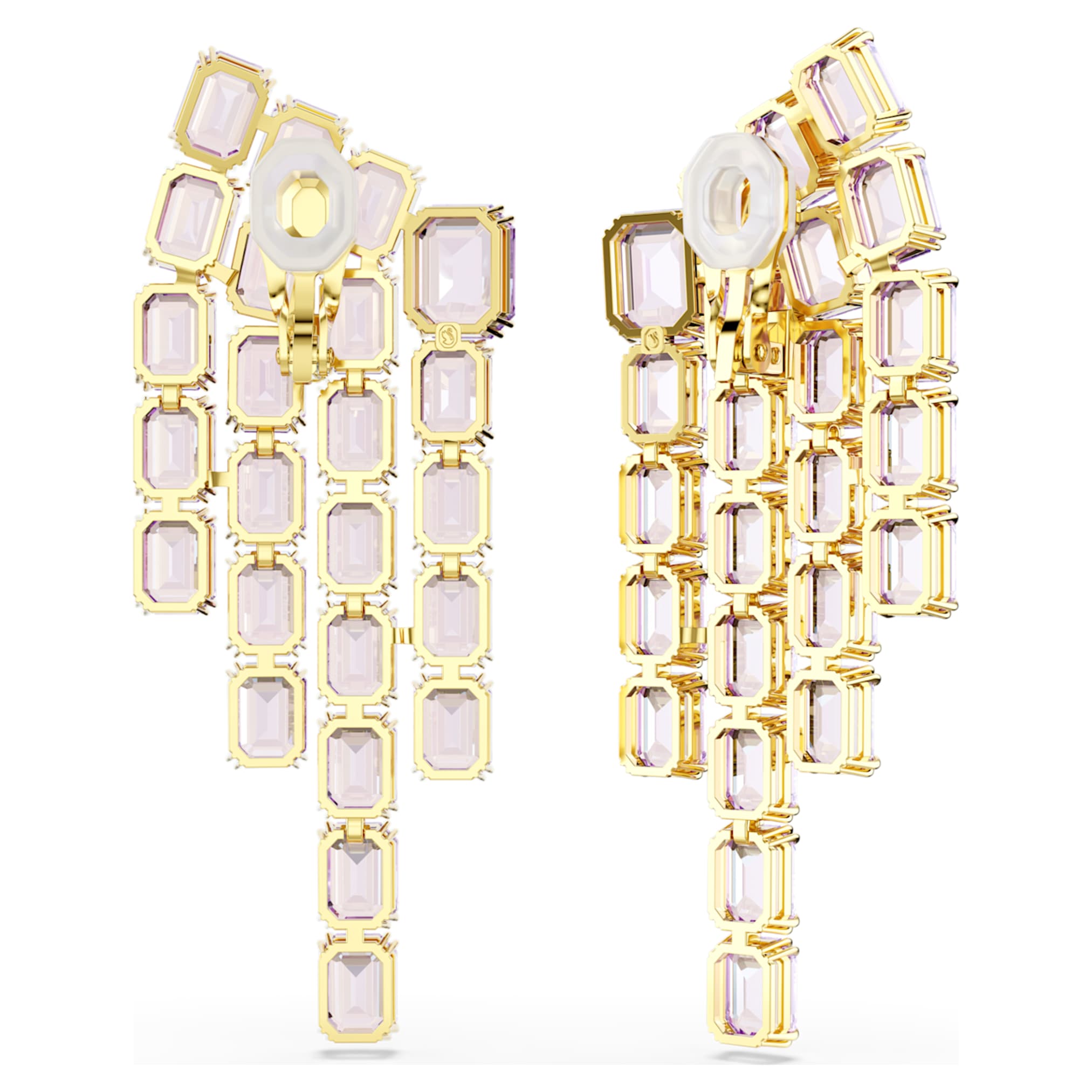 Swarovski Millenia clip earrings Octagon cut, Chandelier, Purple, 18K gold finish