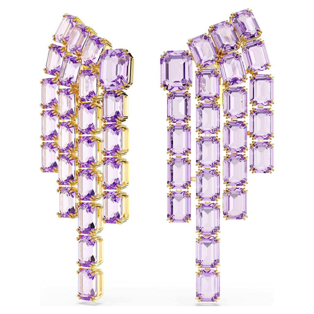Swarovski Millenia clip earrings Octagon cut, Chandelier, Purple, 18K gold finish