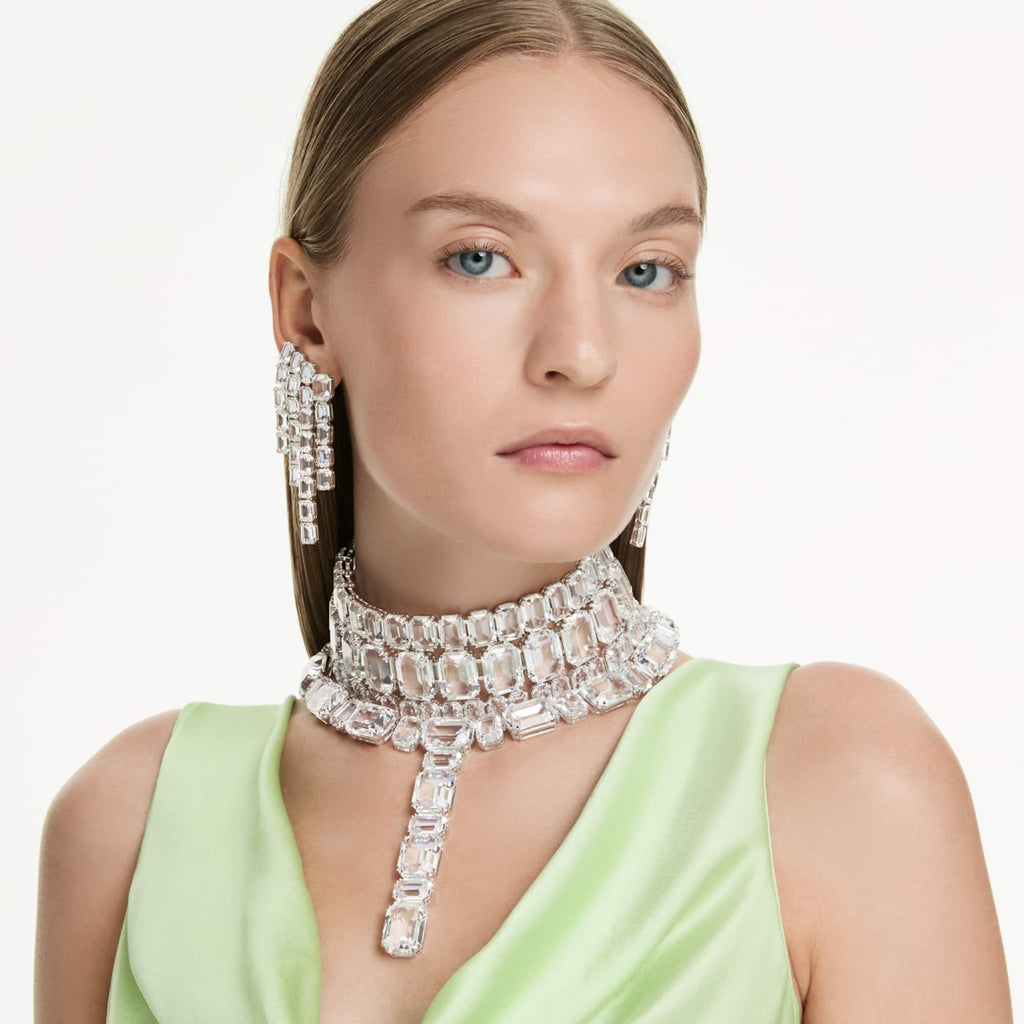Swarovski Millenia clip earrings Octagon cut, Chandelier, White, Rhodium plated