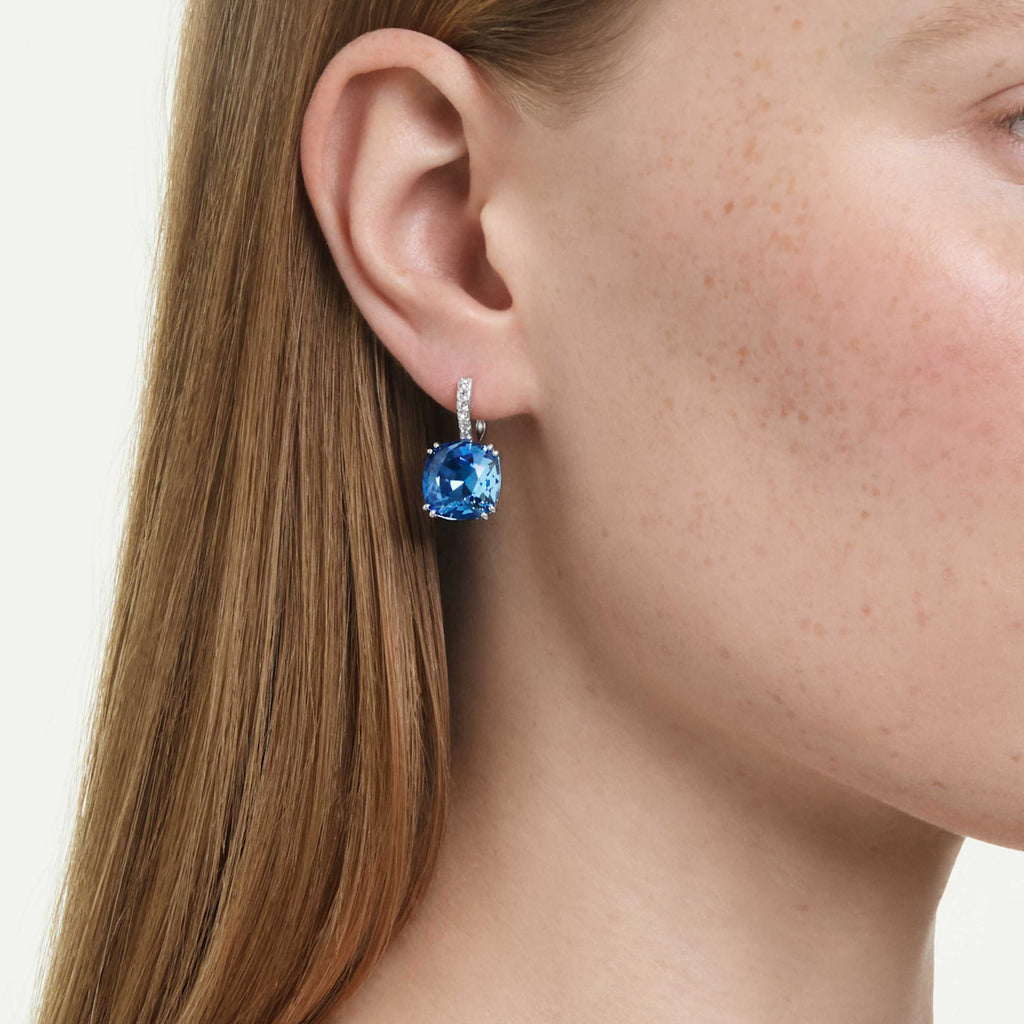 Swarovski Millenia drop earrings Cushion cut, Blue, Rhodium plated