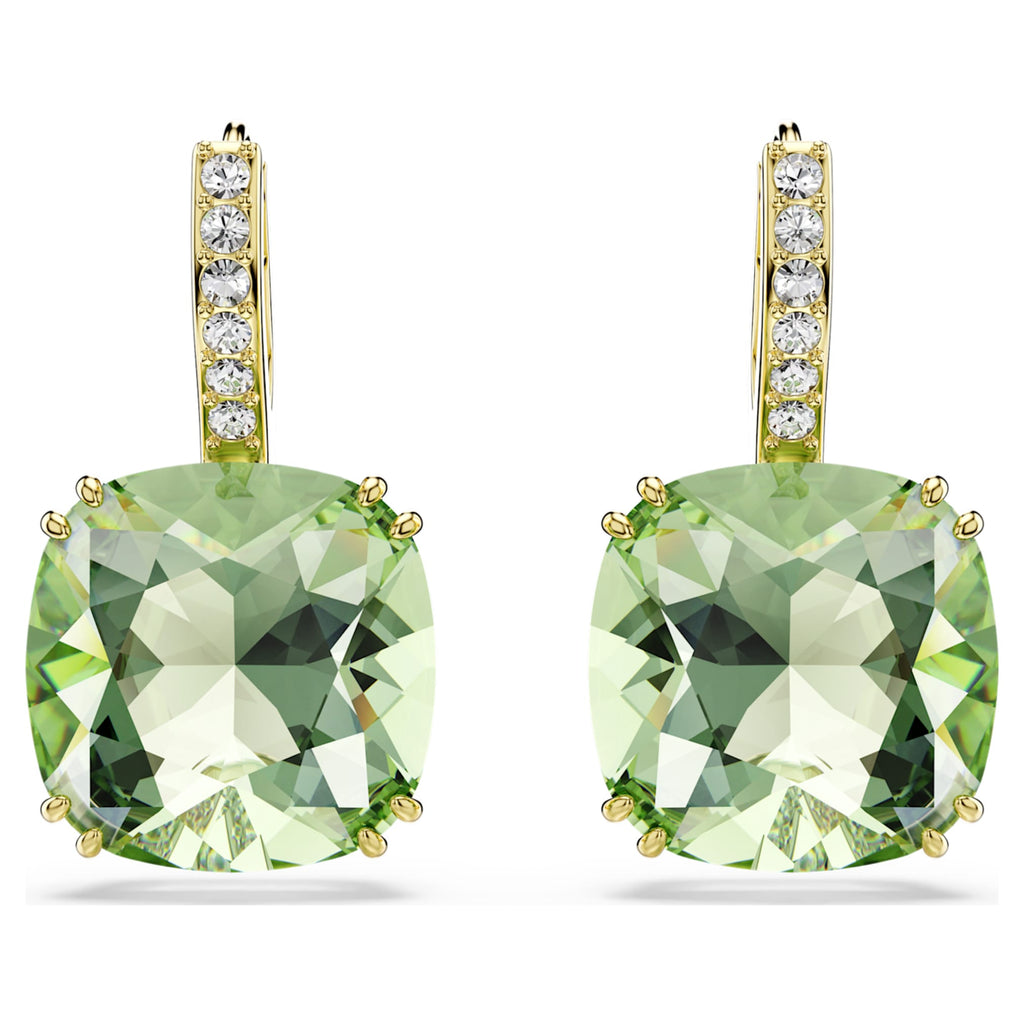 Swarovski Millenia drop earrings Cushion cut, Green, 18K gold finish