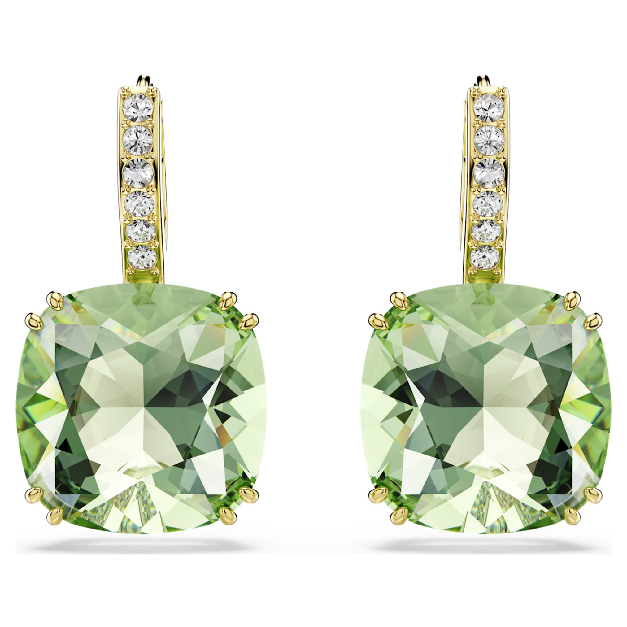 Swarovski Millenia drop earrings Cushion cut, Green, 18K gold finish