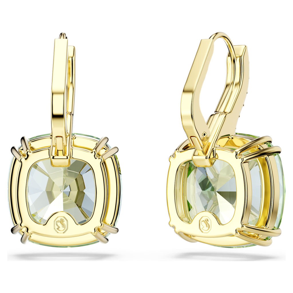 Swarovski Millenia drop earrings Cushion cut, Green, 18K gold finish