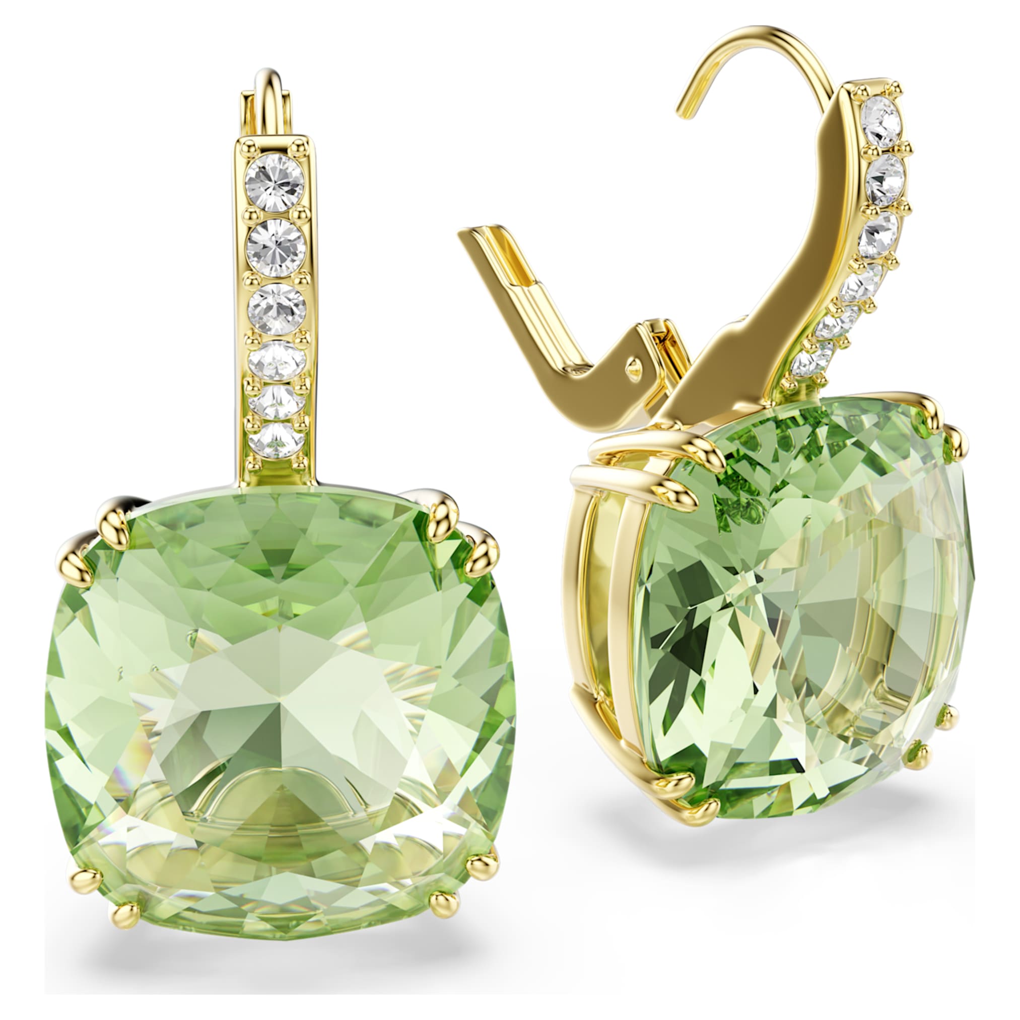 Swarovski Millenia drop earrings Cushion cut, Green, 18K gold finish