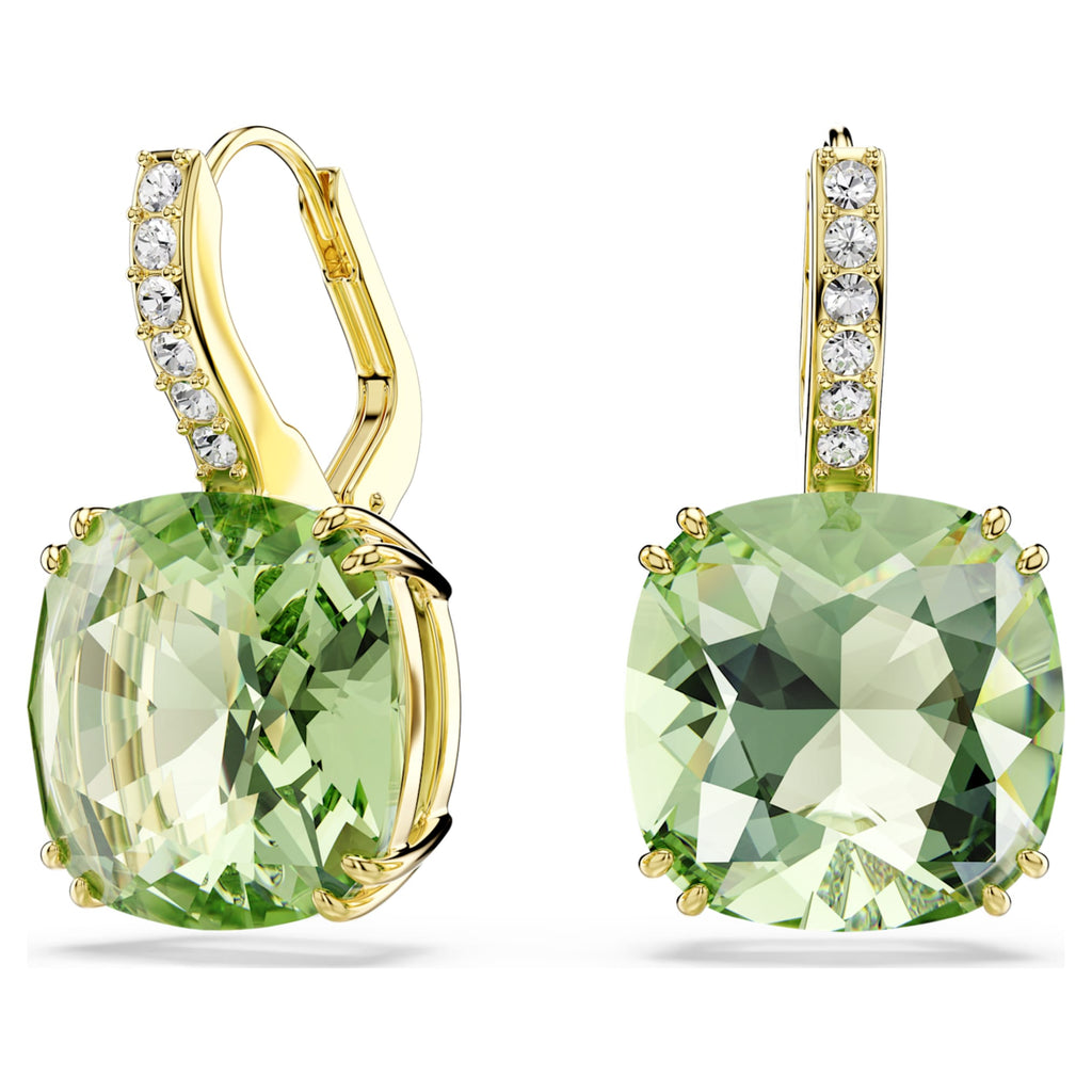 Swarovski Millenia drop earrings Cushion cut, Green, 18K gold finish