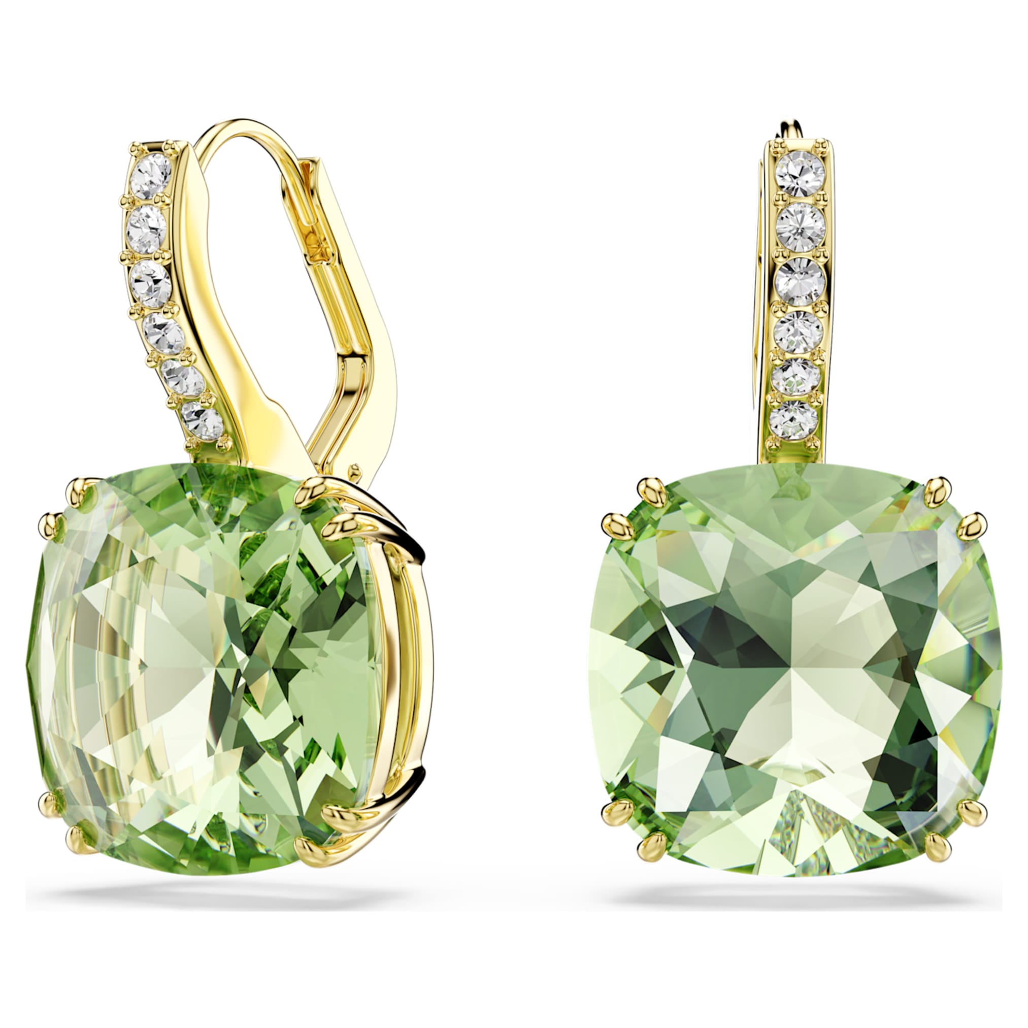 Swarovski Millenia drop earrings Cushion cut, Green, 18K gold finish