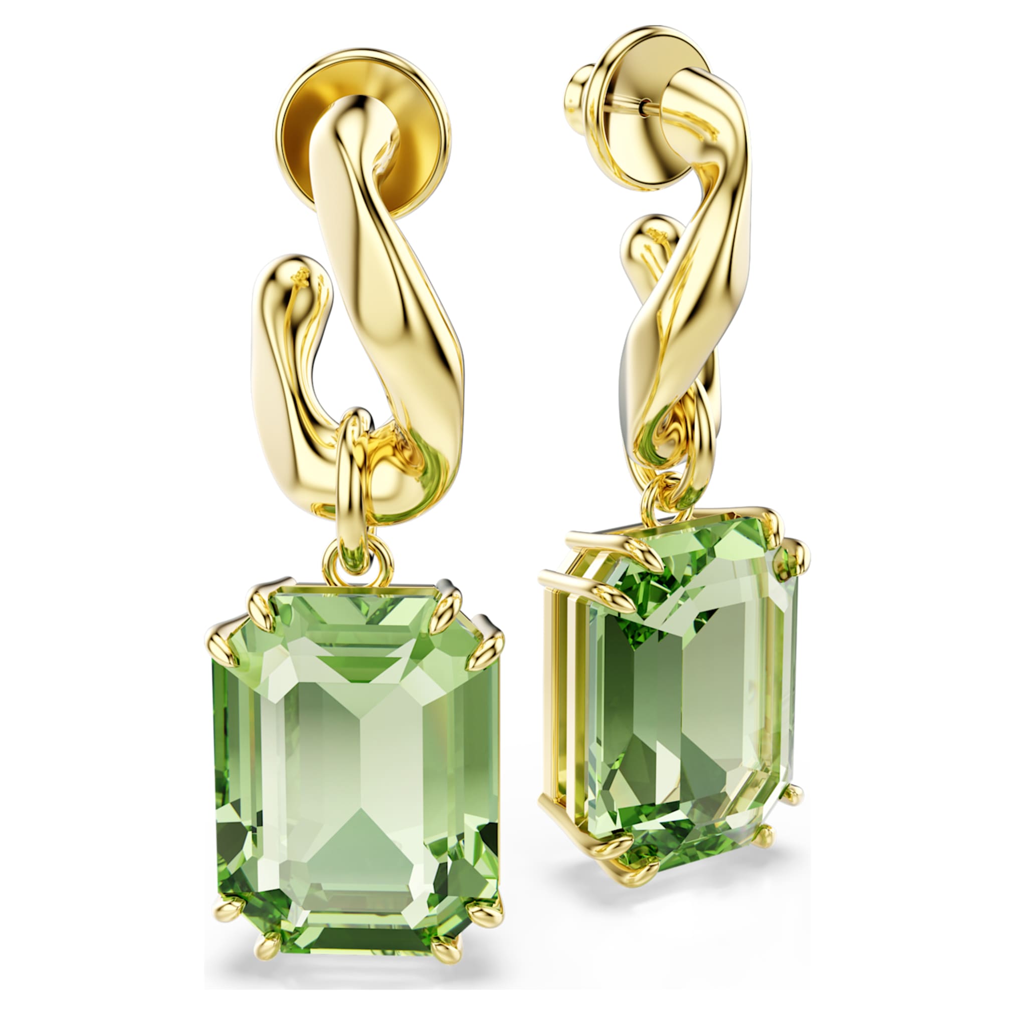 Swarovski Millenia drop earrings Octagon cut, Green, 18K gold finish