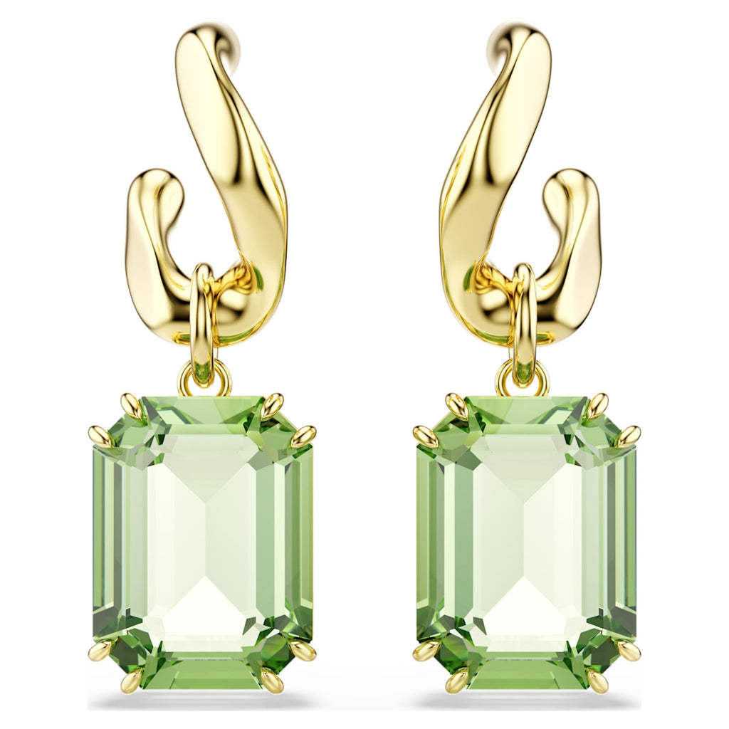 Swarovski Millenia drop earrings Octagon cut, Green, 18K gold finish