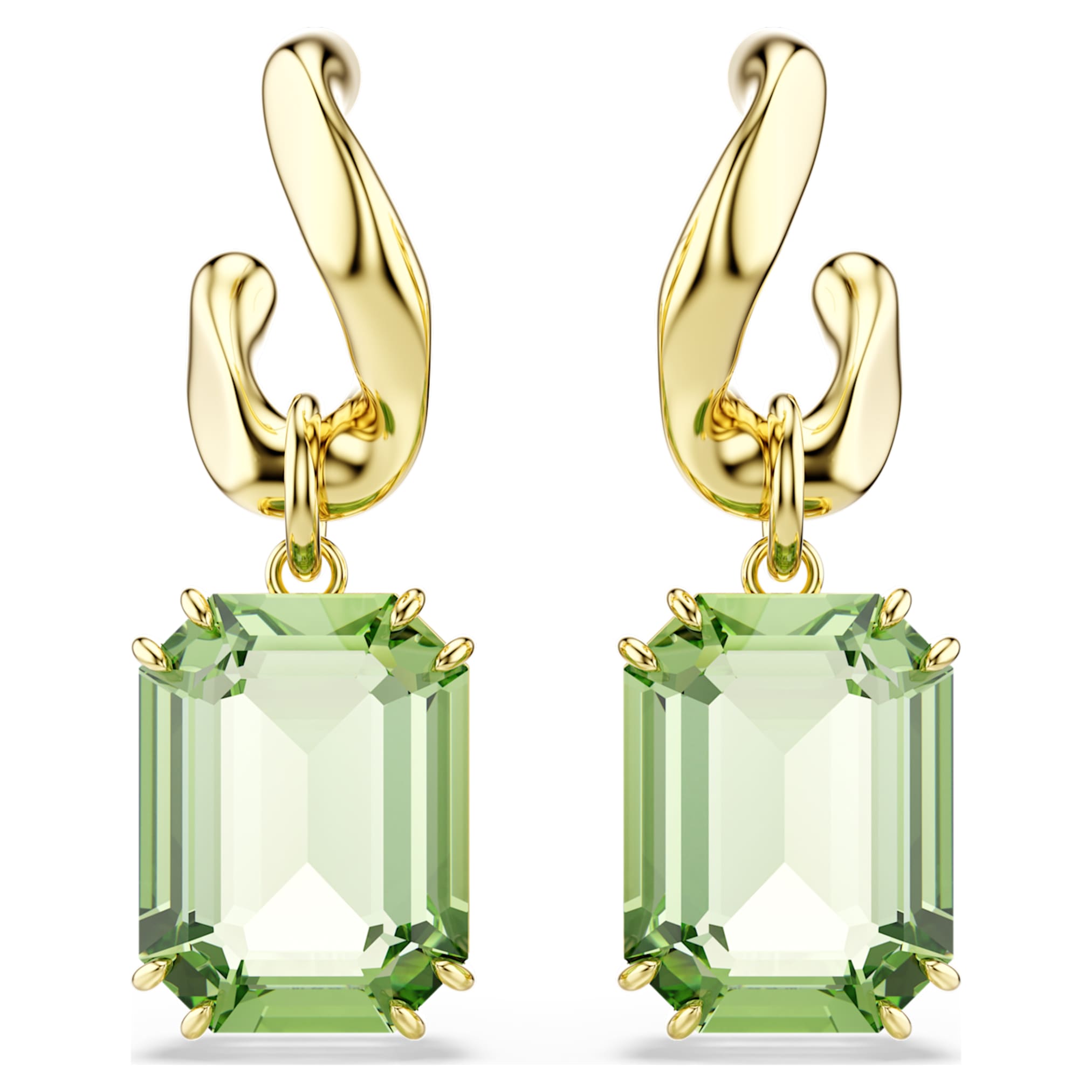 Swarovski Millenia drop earrings Octagon cut, Green, 18K gold finish