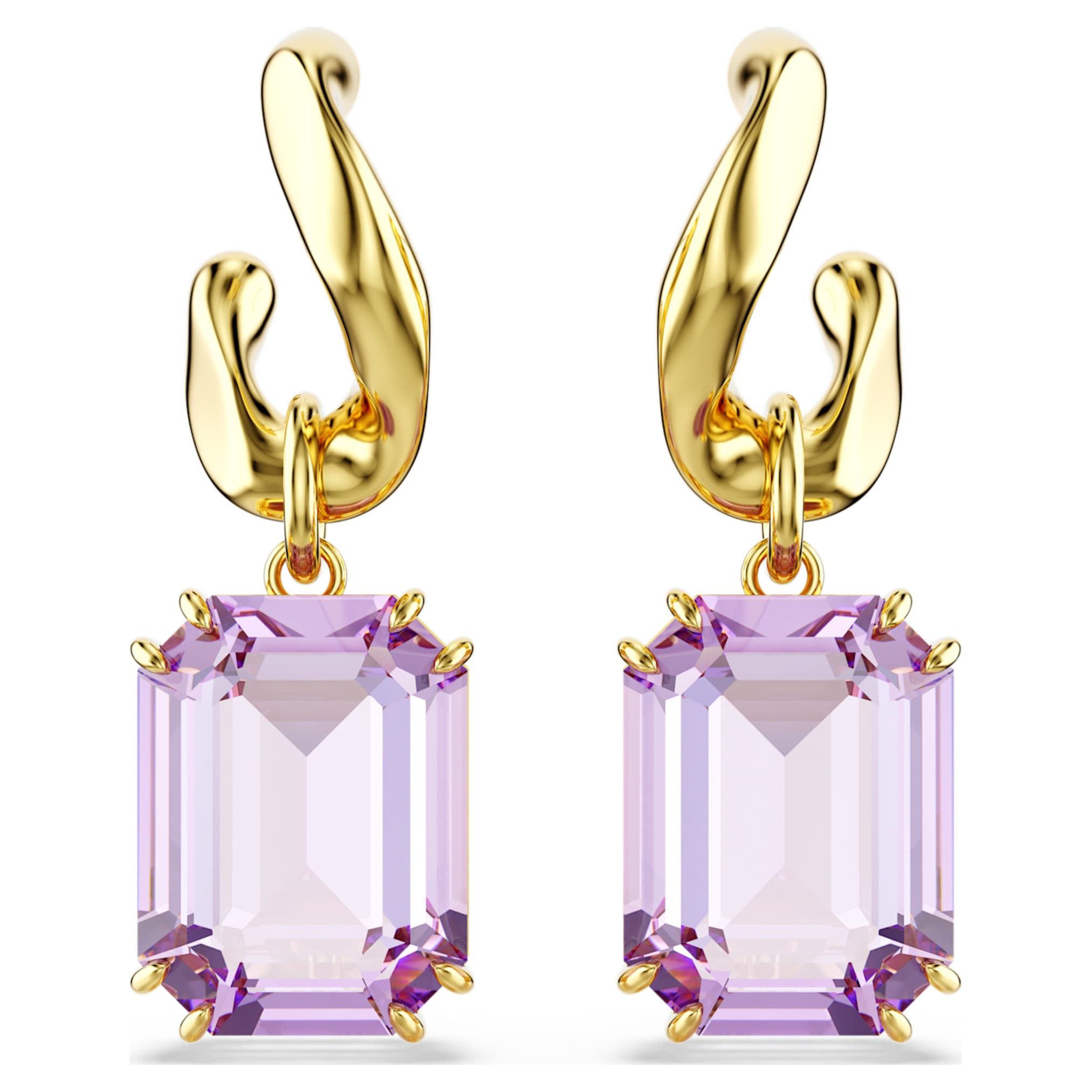Swarovski Millenia drop earrings Octagon cut, Purple, 18K gold finish