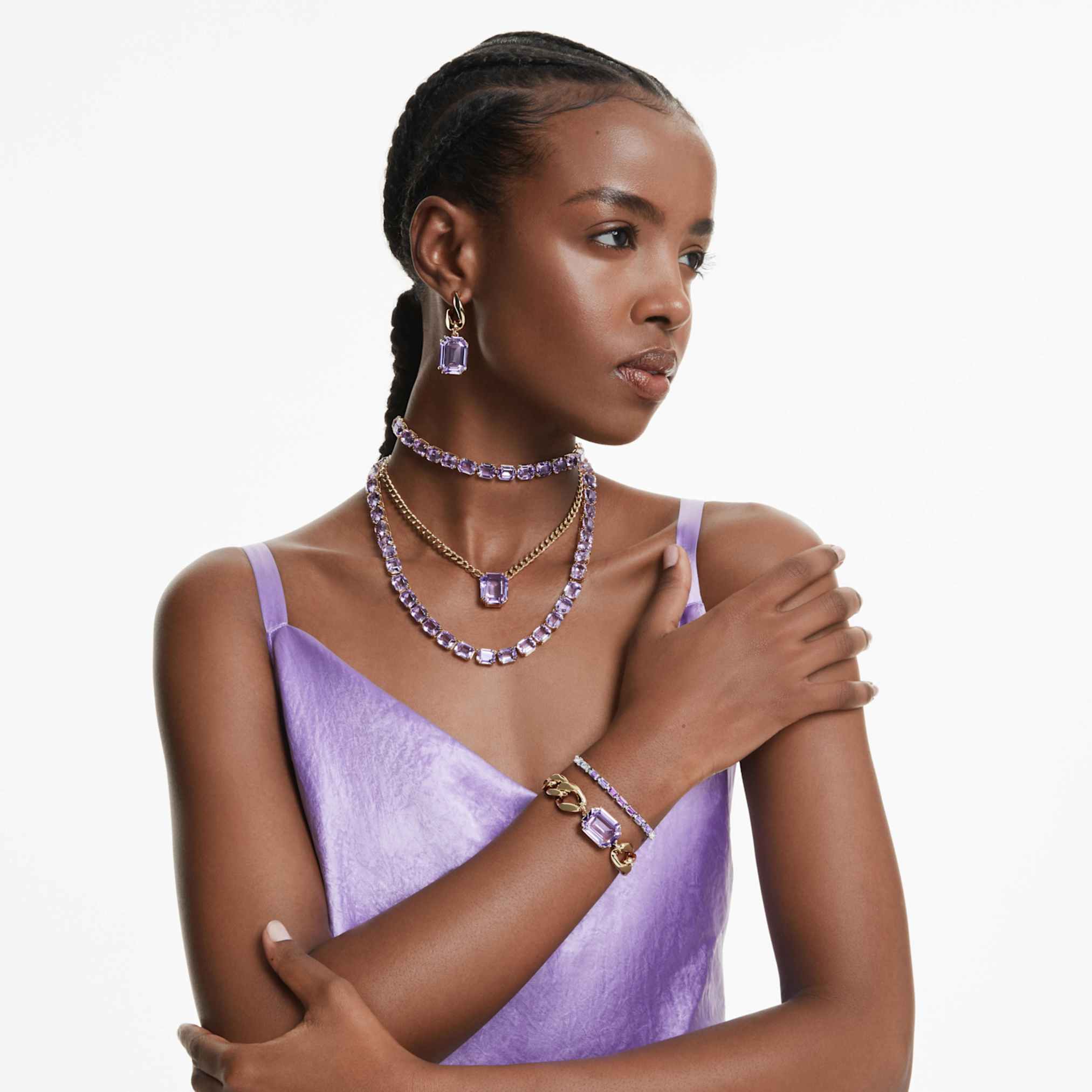 Swarovski Millenia drop earrings Octagon cut, Purple, 18K gold finish