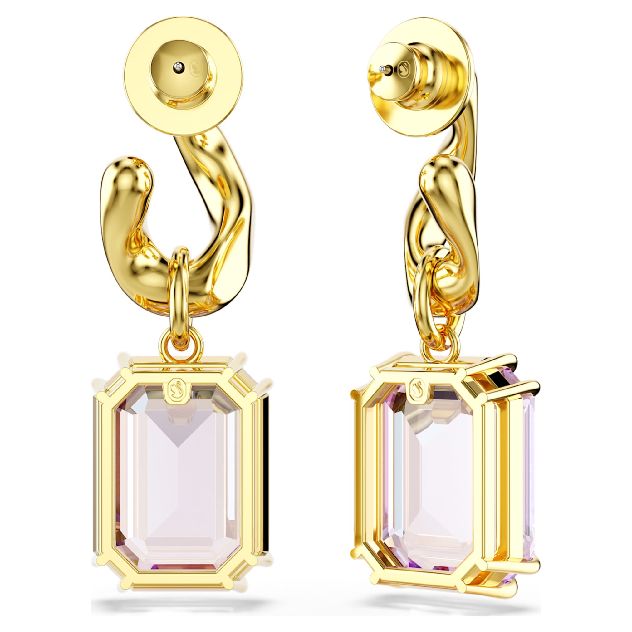 Swarovski Millenia drop earrings Octagon cut, Purple, 18K gold finish