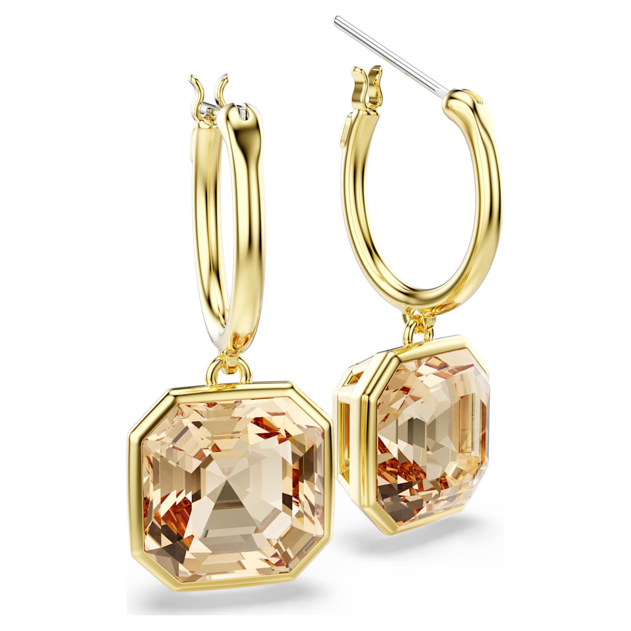 Swarovski Millenia drop earrings Square cut, Caramel, 18K gold finish