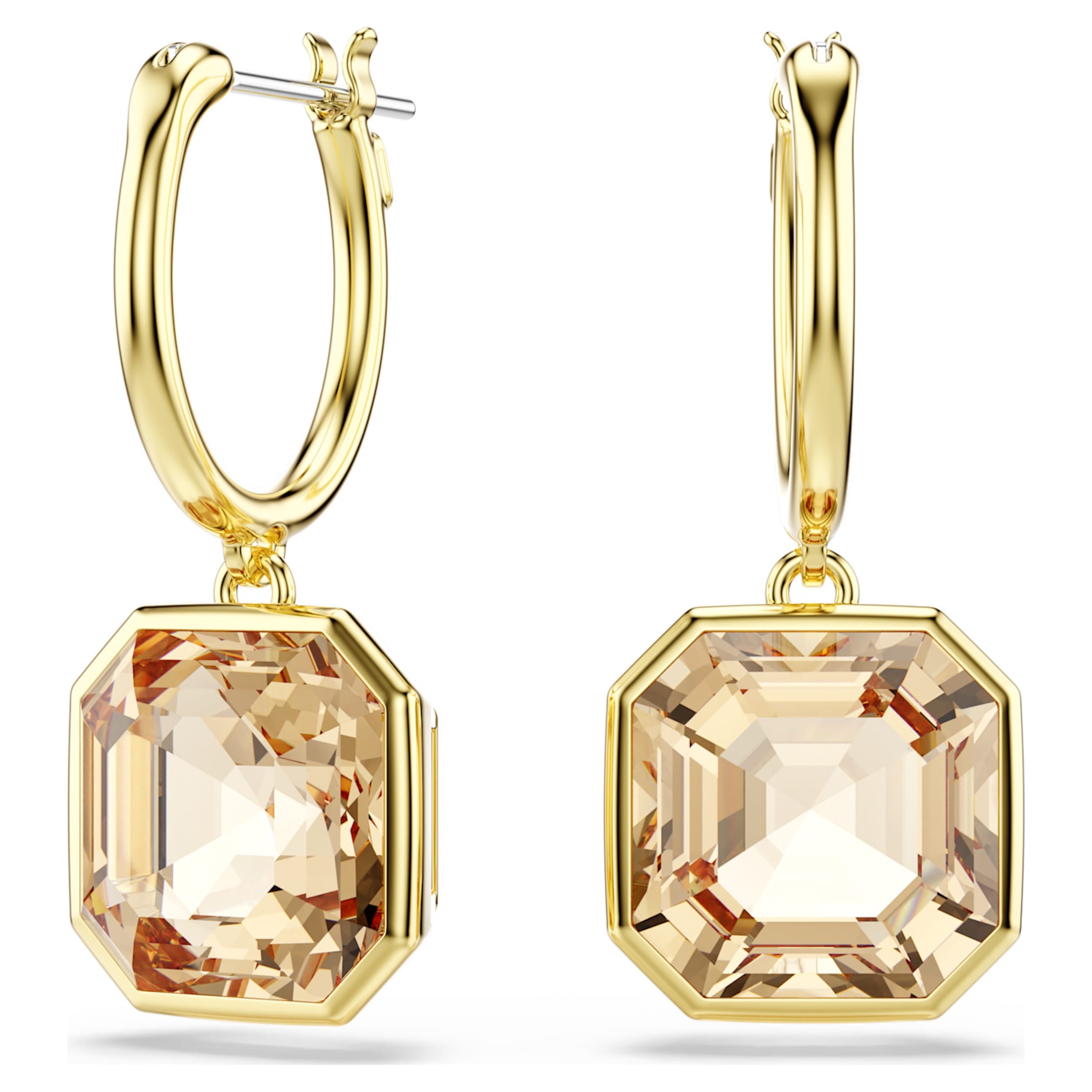 Swarovski Millenia drop earrings Square cut, Caramel, 18K gold finish