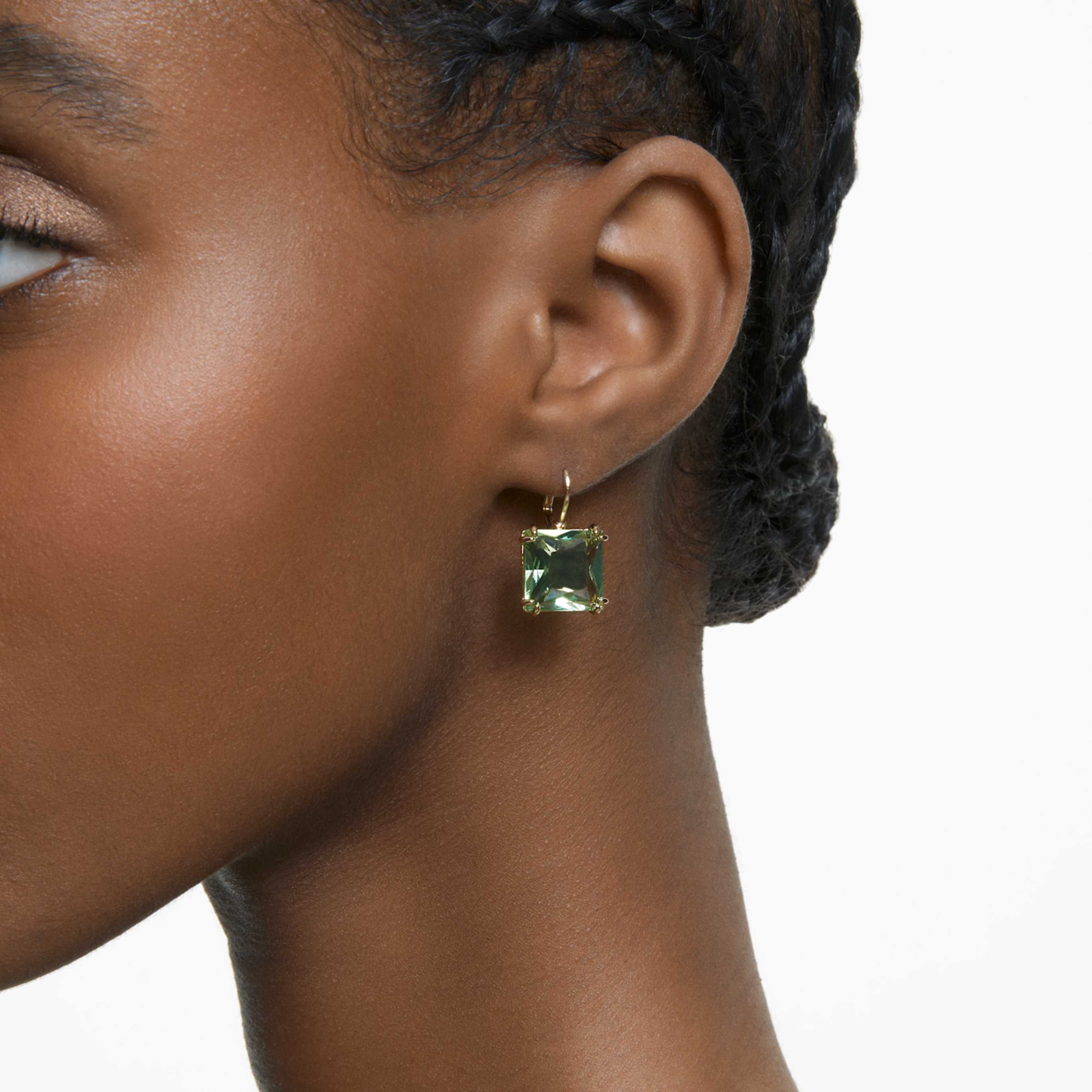 Swarovski Millenia drop earrings Square cut, Green, 18K gold finish