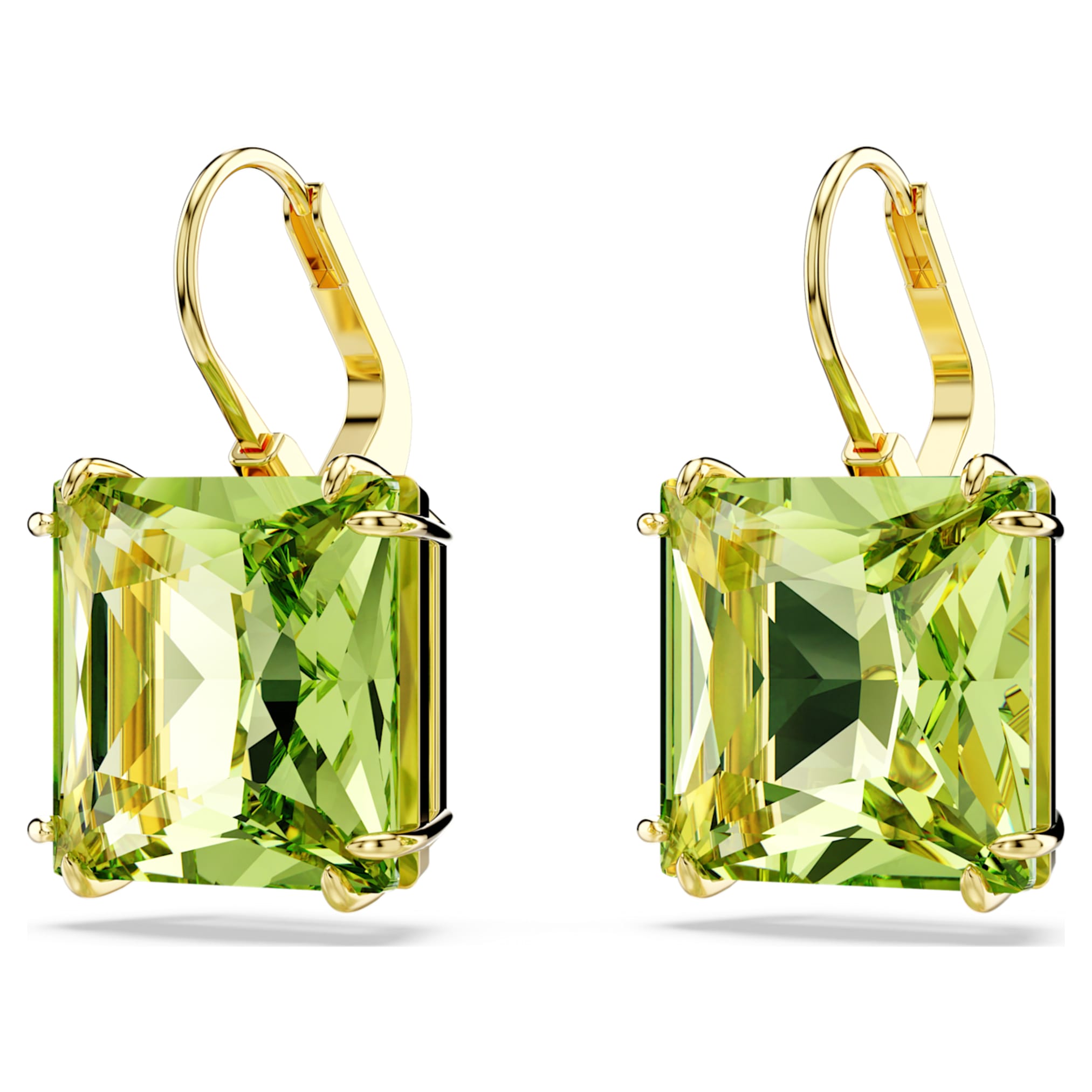 Swarovski Millenia drop earrings Square cut, Green, 18K gold finish