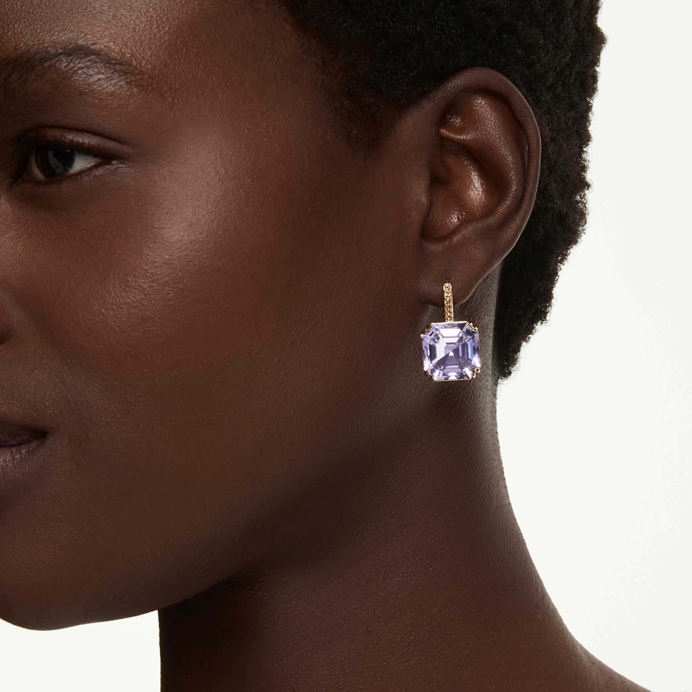 Swarovski Millenia drop earrings Square cut, Purple, 18K gold finish