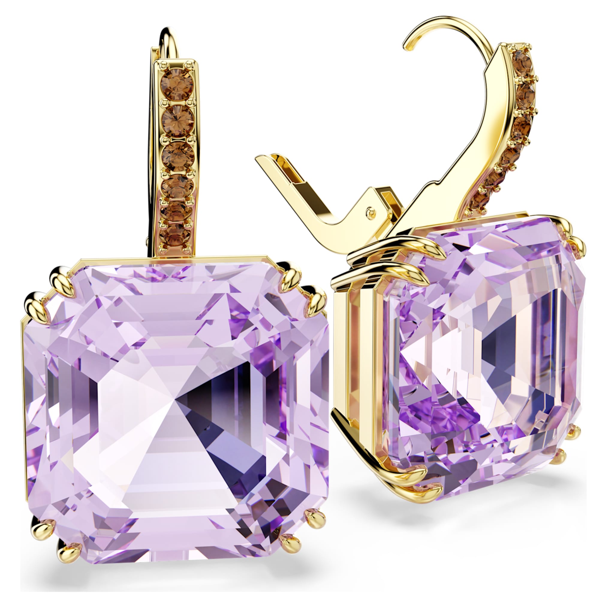 Swarovski Millenia drop earrings Square cut, Purple, 18K gold finish