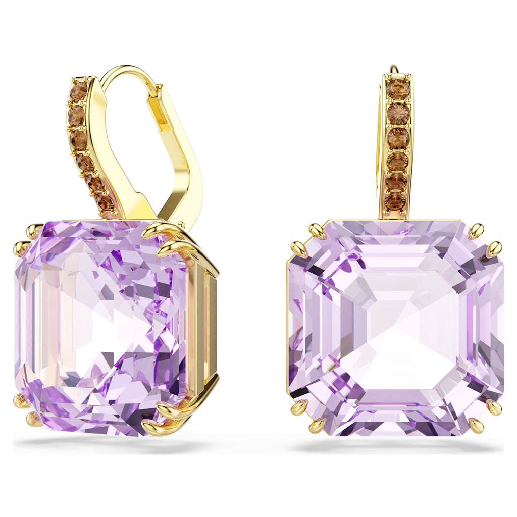 Swarovski Millenia drop earrings Square cut, Purple, 18K gold finish