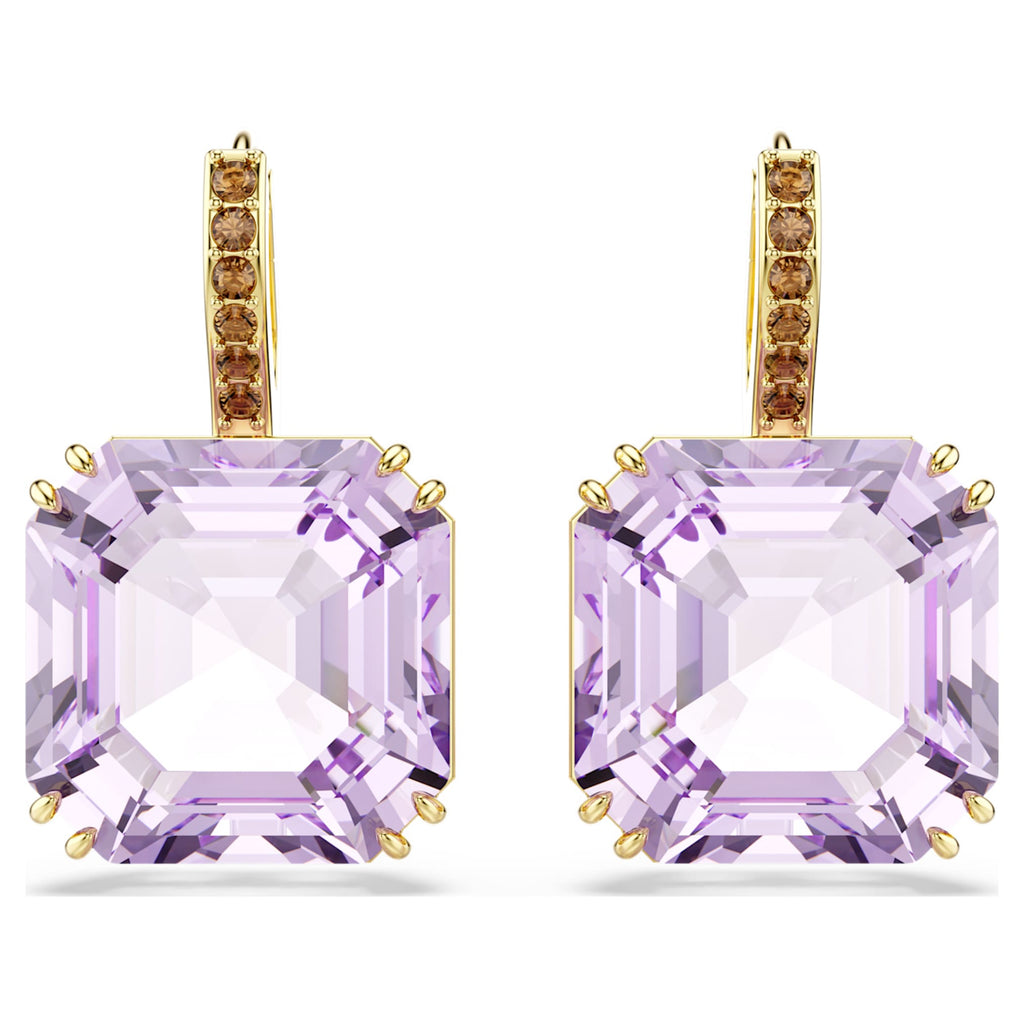 Swarovski Millenia drop earrings Square cut, Purple, 18K gold finish