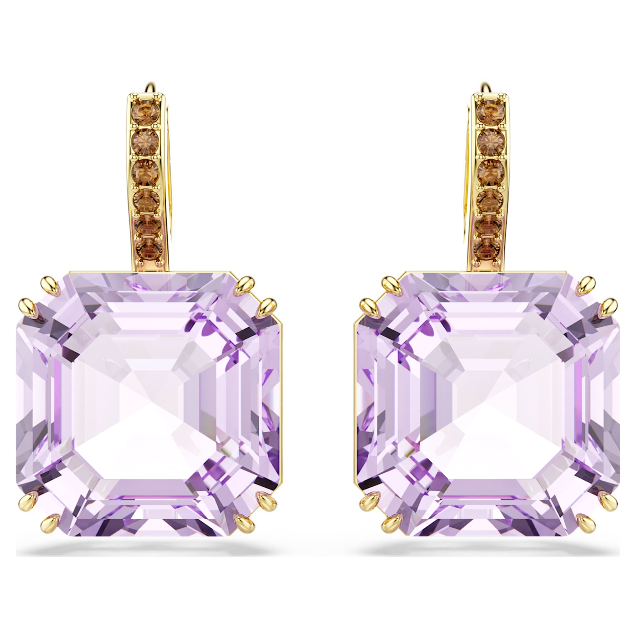 Swarovski Millenia drop earrings Square cut, Purple, 18K gold finish