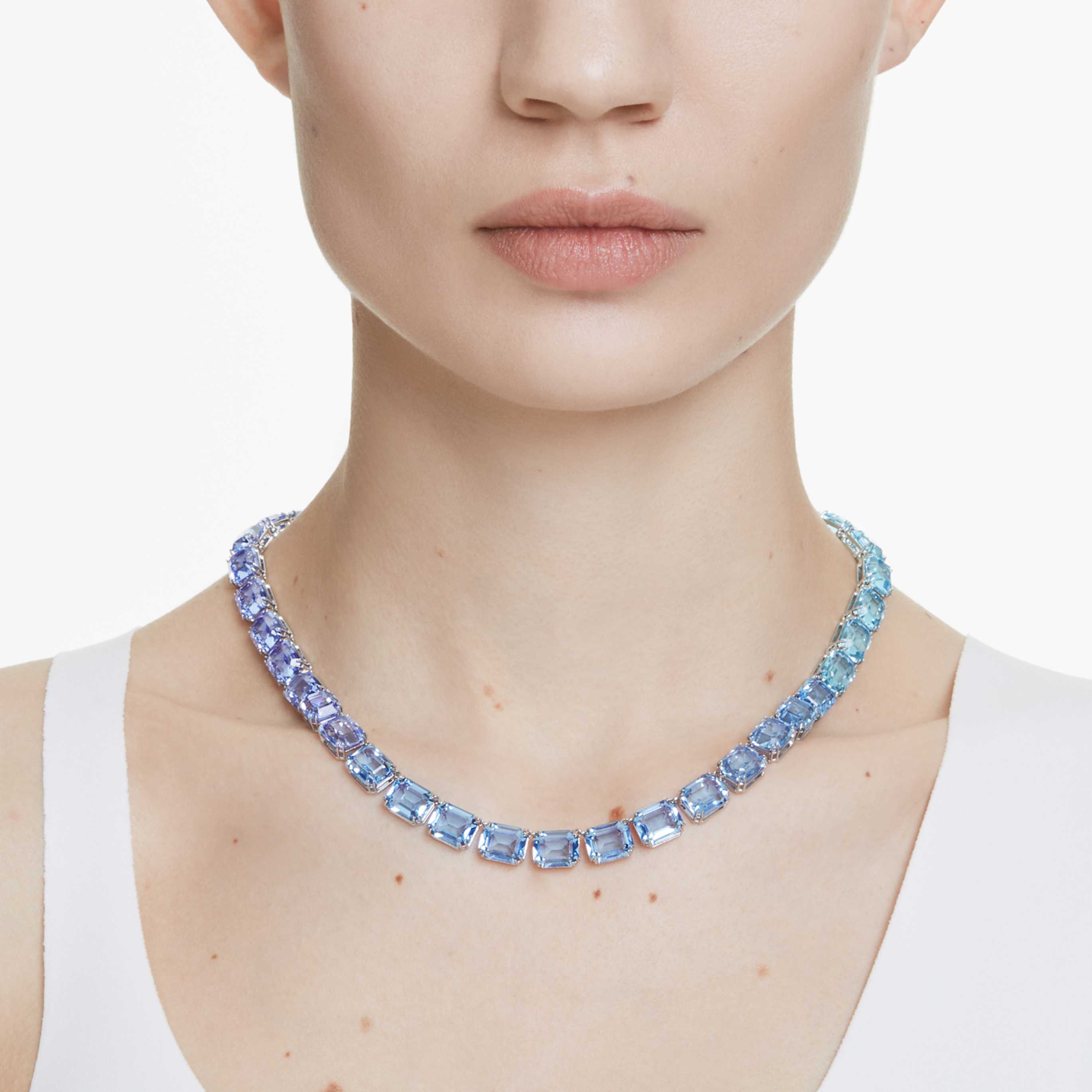 Swarovski Millenia necklace Octagon cut, Color gradient, Blue, Rhodium plated