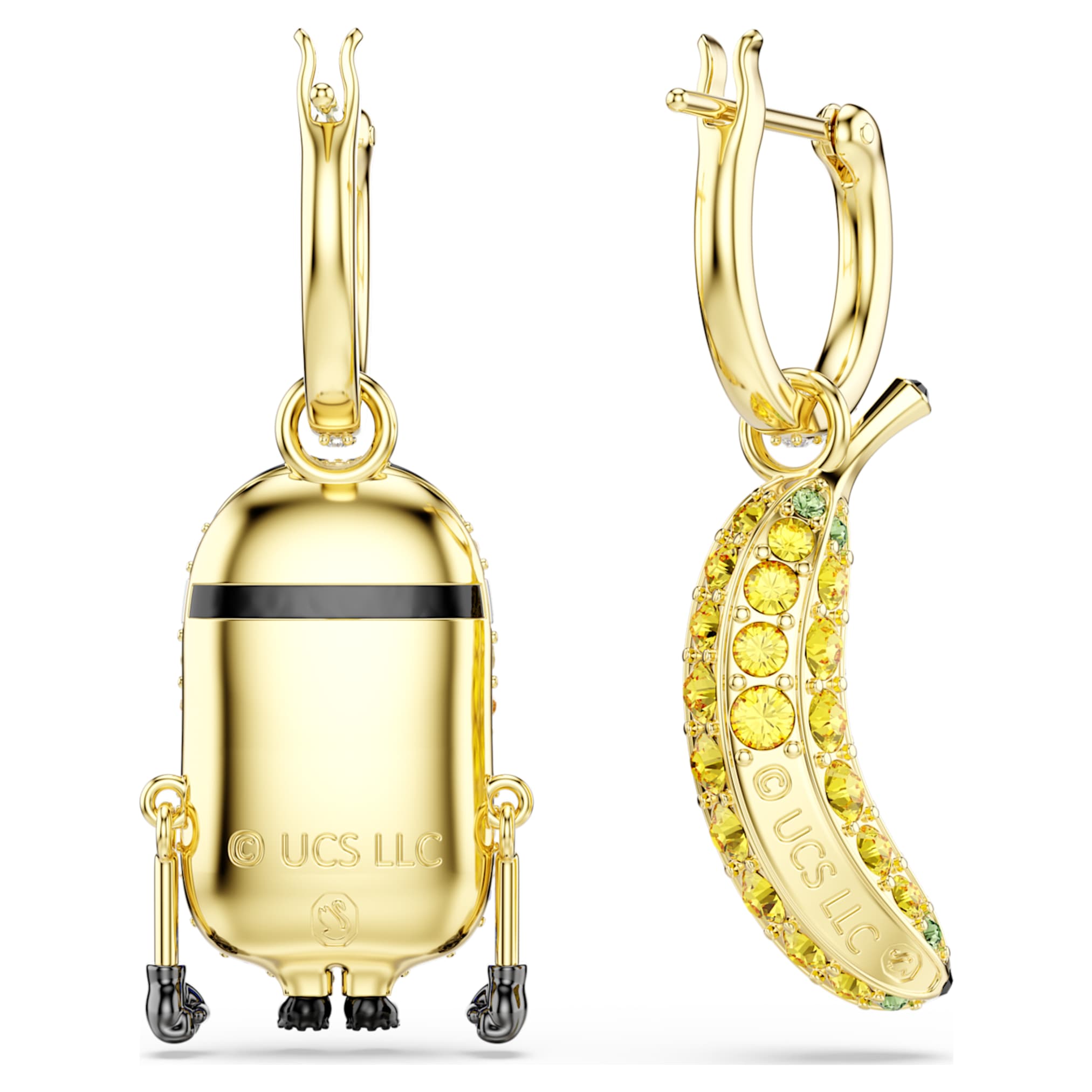 Swarovski Minions Stuart and Banana drop earrings Pavé, Mini, Multicolored, 18K gold finish