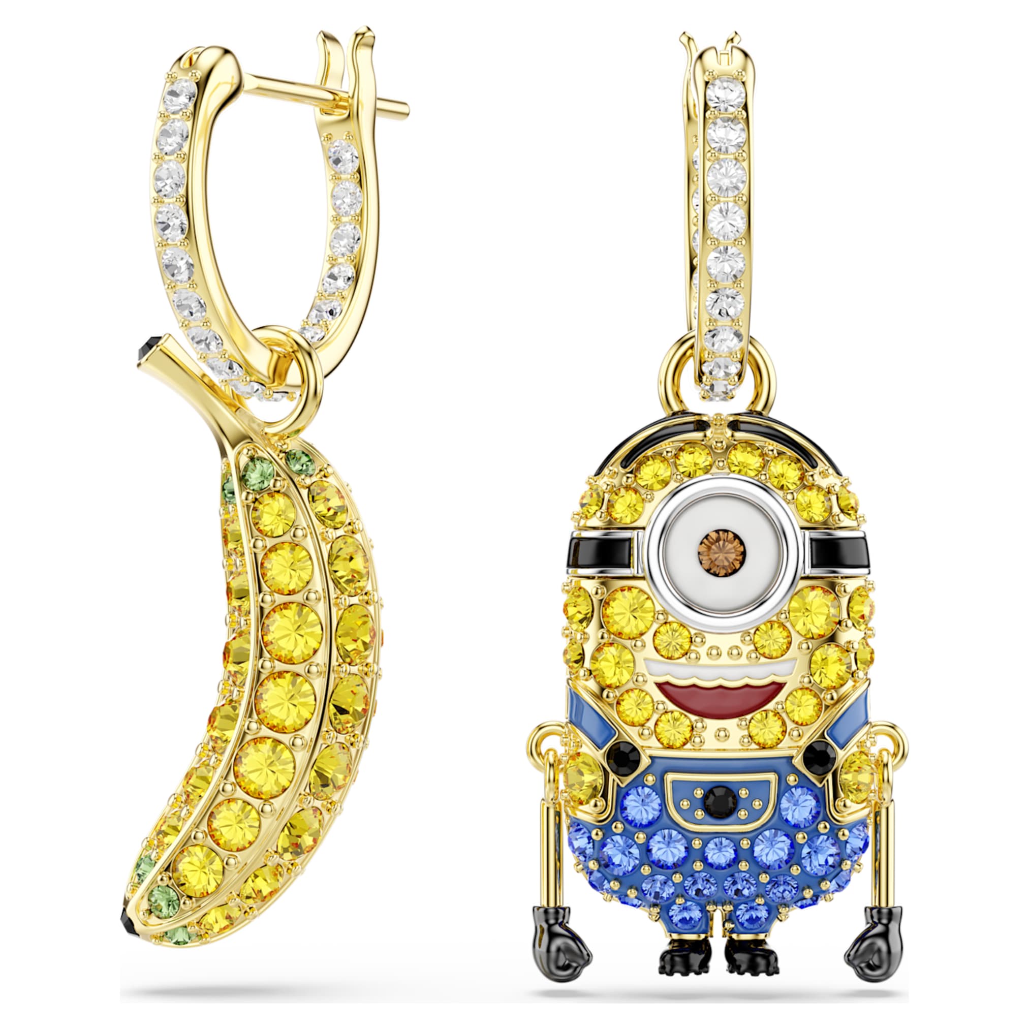 Swarovski Minions Stuart and Banana drop earrings Pavé, Mini, Multicolored, 18K gold finish
