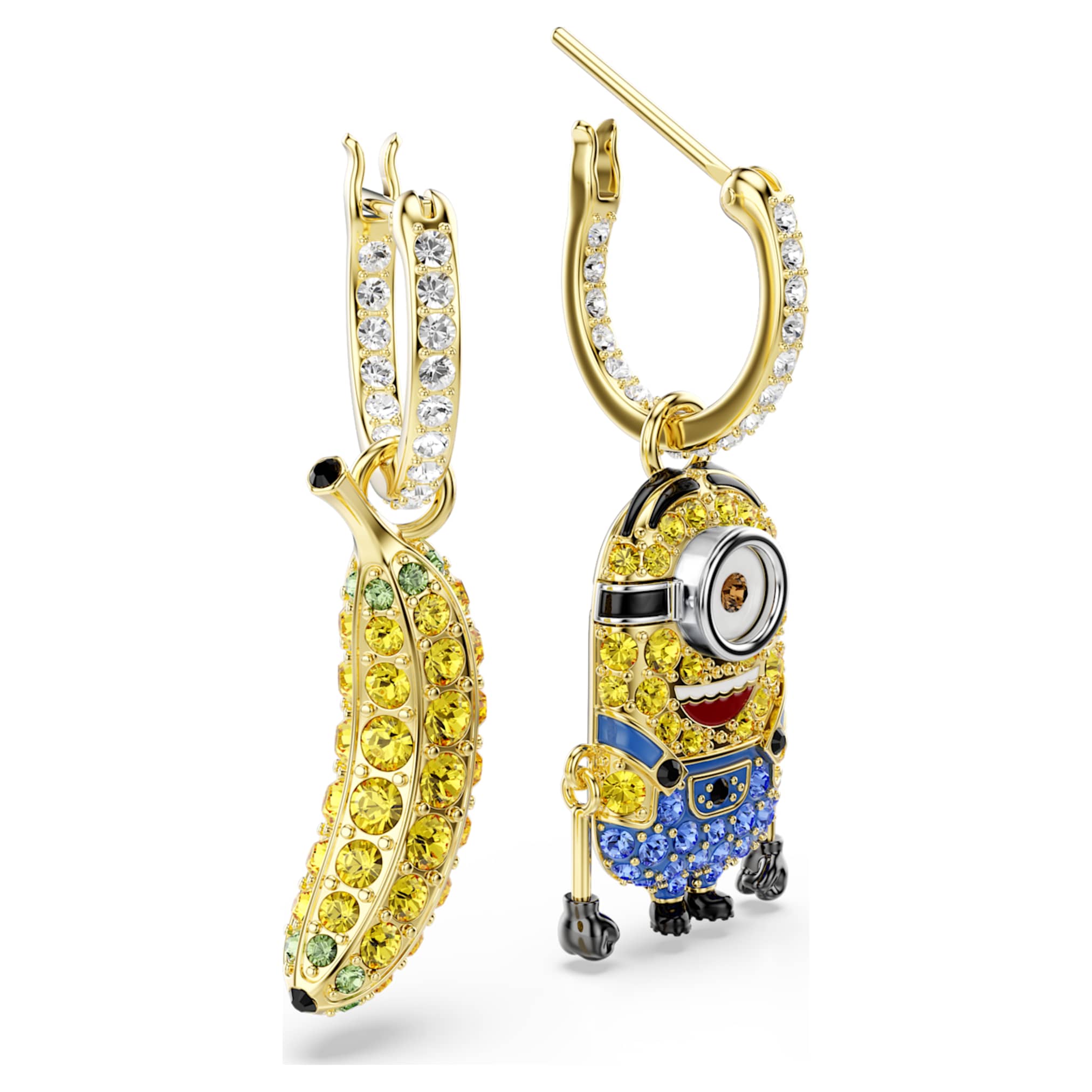 Swarovski Minions Stuart and Banana drop earrings Pavé, Mini, Multicolored, 18K gold finish