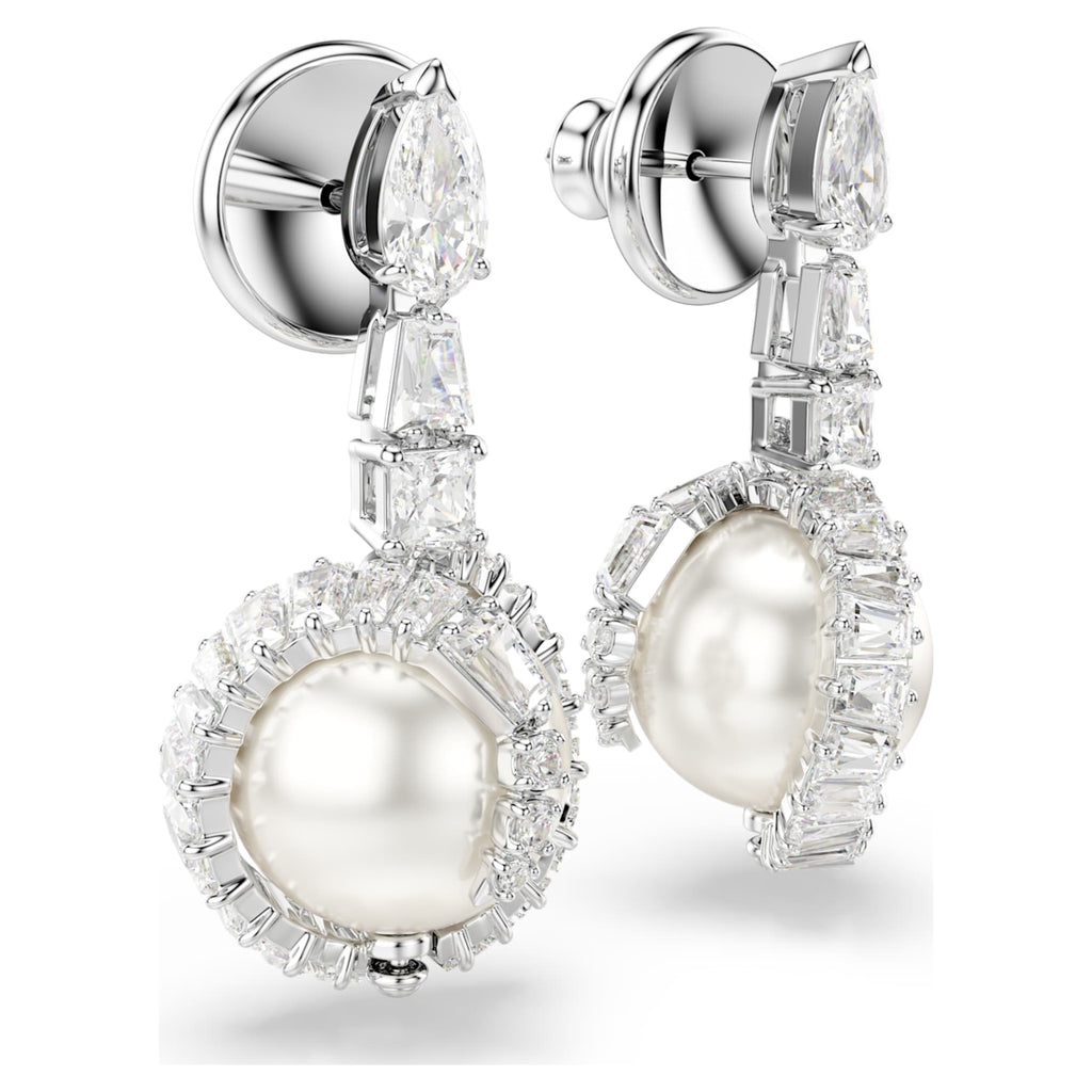 Swarovski Snake drop earrings Crystal pearl, Mixed cuts, Year of the Snake, White, Rhodium plated