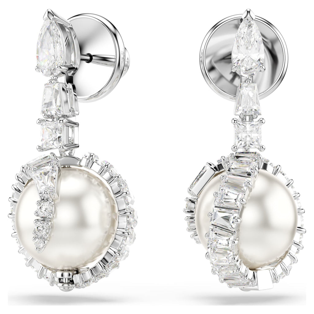 Swarovski Snake drop earrings Crystal pearl, Mixed cuts, Year of the Snake, White, Rhodium plated