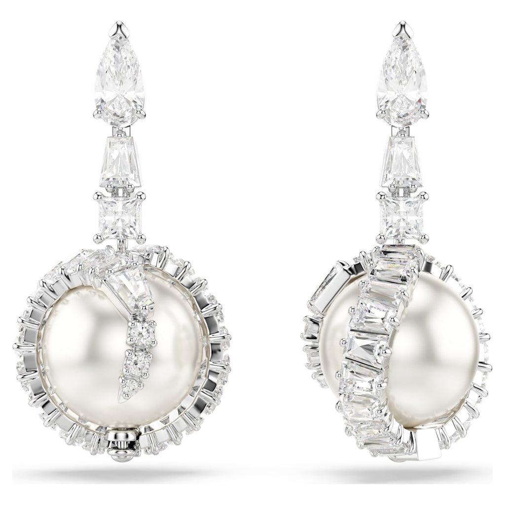 Swarovski Snake drop earrings Crystal pearl, Mixed cuts, Year of the Snake, White, Rhodium plated