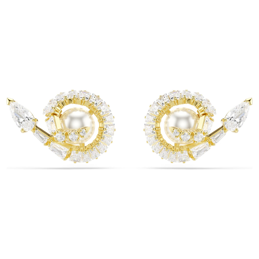 Swarovski Snake stud earrings Crystal pearl, Mixed cuts, Year of the Snake, White, 18K gold finish