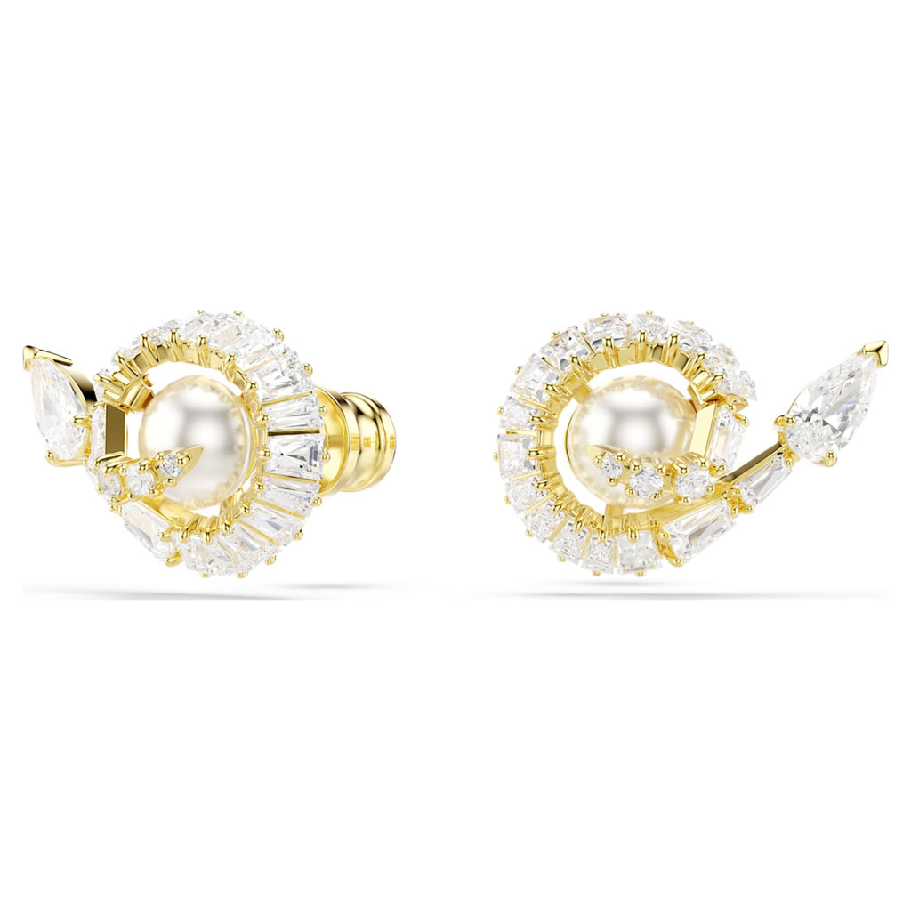 Swarovski Snake stud earrings Crystal pearl, Mixed cuts, Year of the Snake, White, 18K gold finish