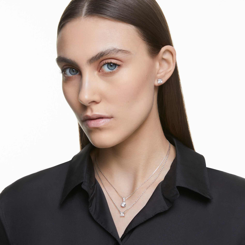 Swarovski Stilla Attract stud earrings Square cut, White, Rhodium plated