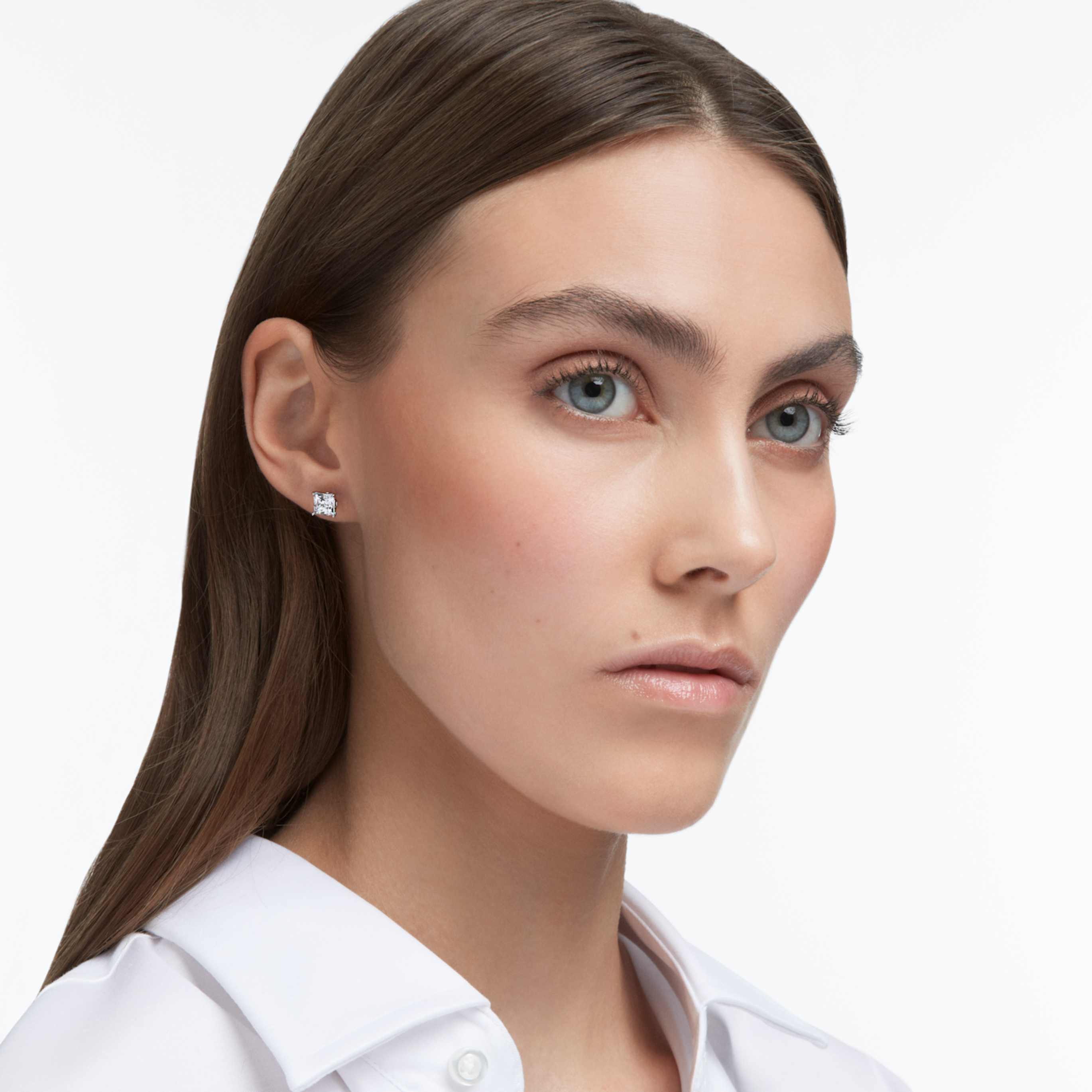Swarovski Stilla Attract stud earrings Square cut, White, Rhodium plated