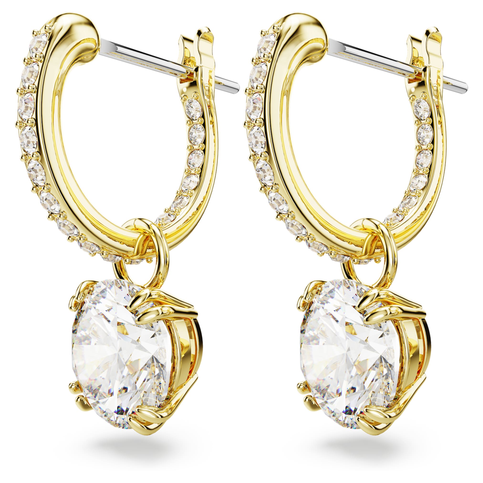 Swarovski Stilla drop earrings Round cut, White, 18K gold finish