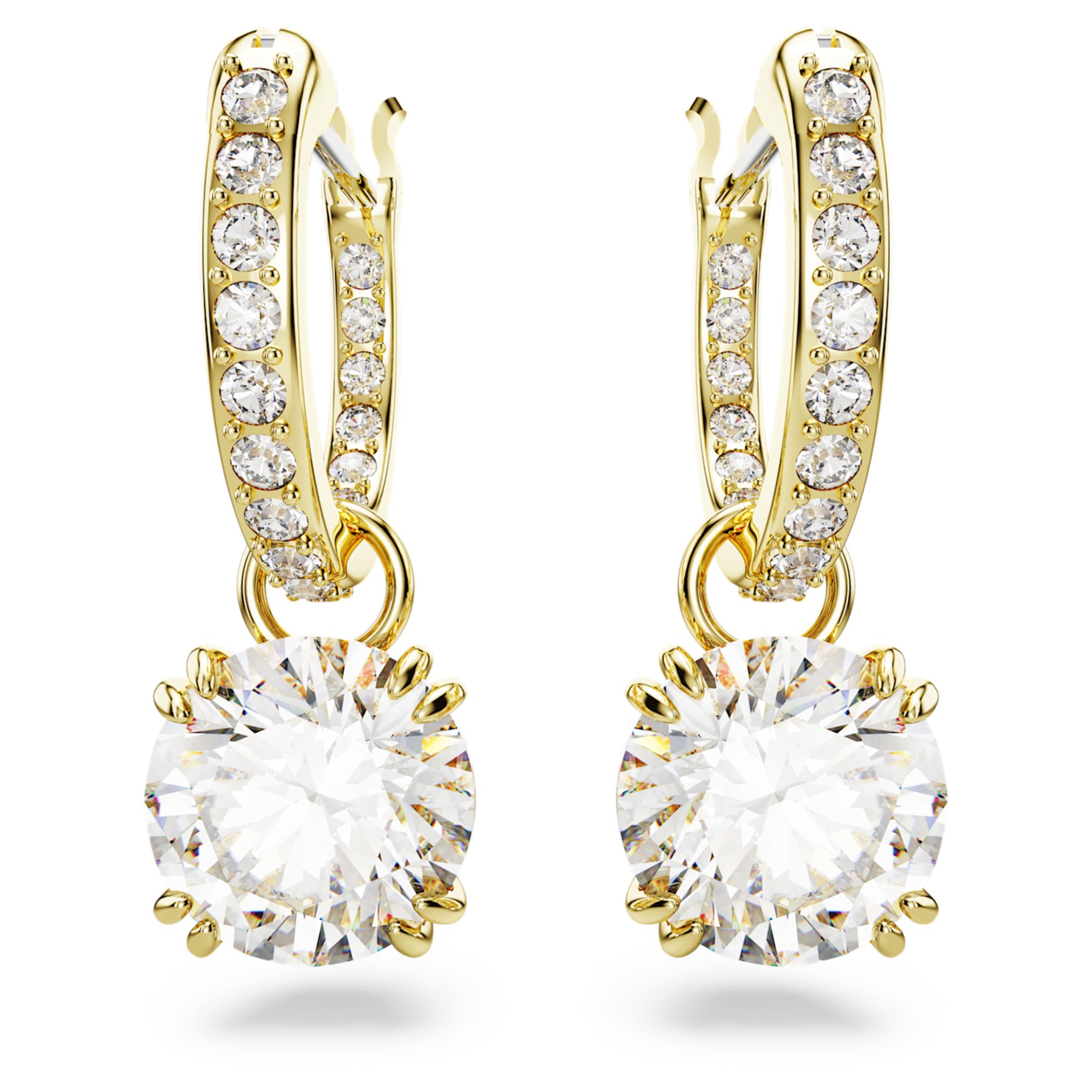 Swarovski Stilla drop earrings Round cut, White, 18K gold finish
