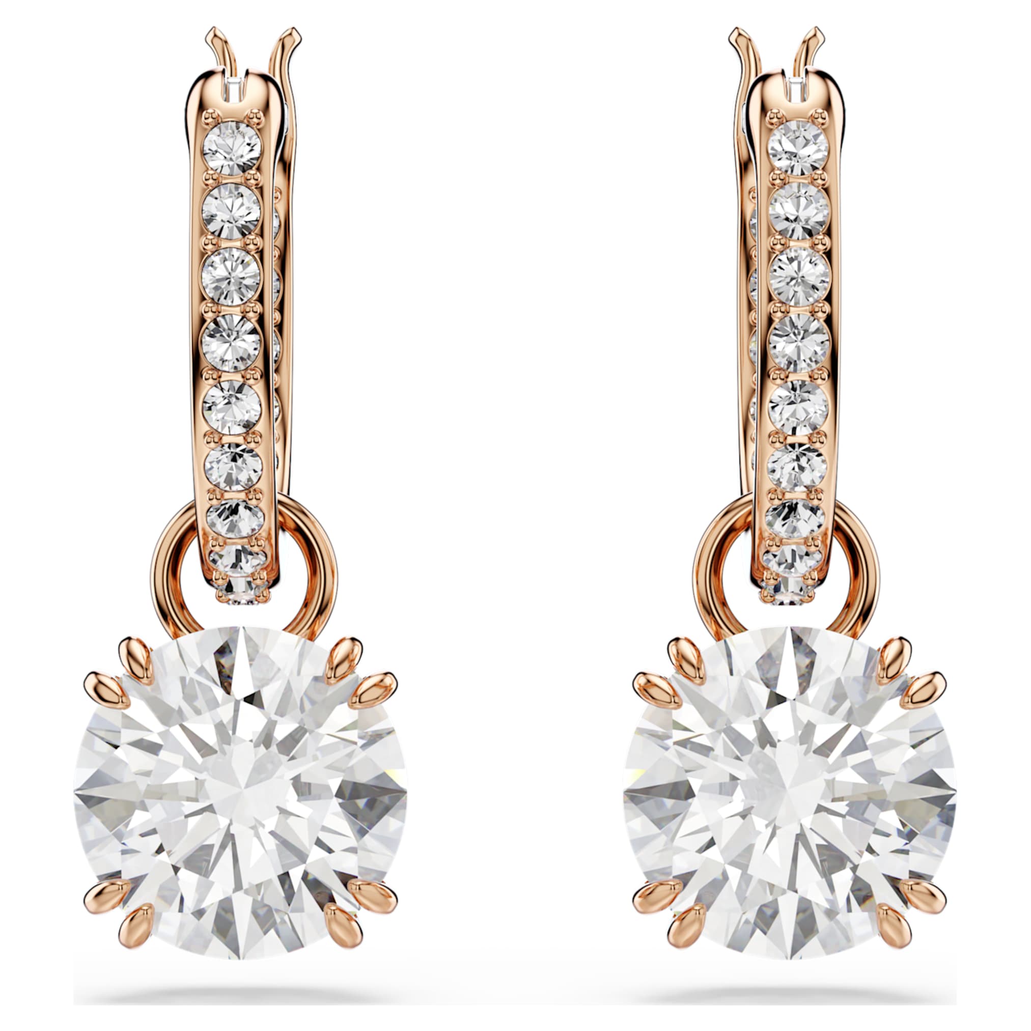 Swarovski Stilla drop earrings Round cut, White, 18K rose gold finish