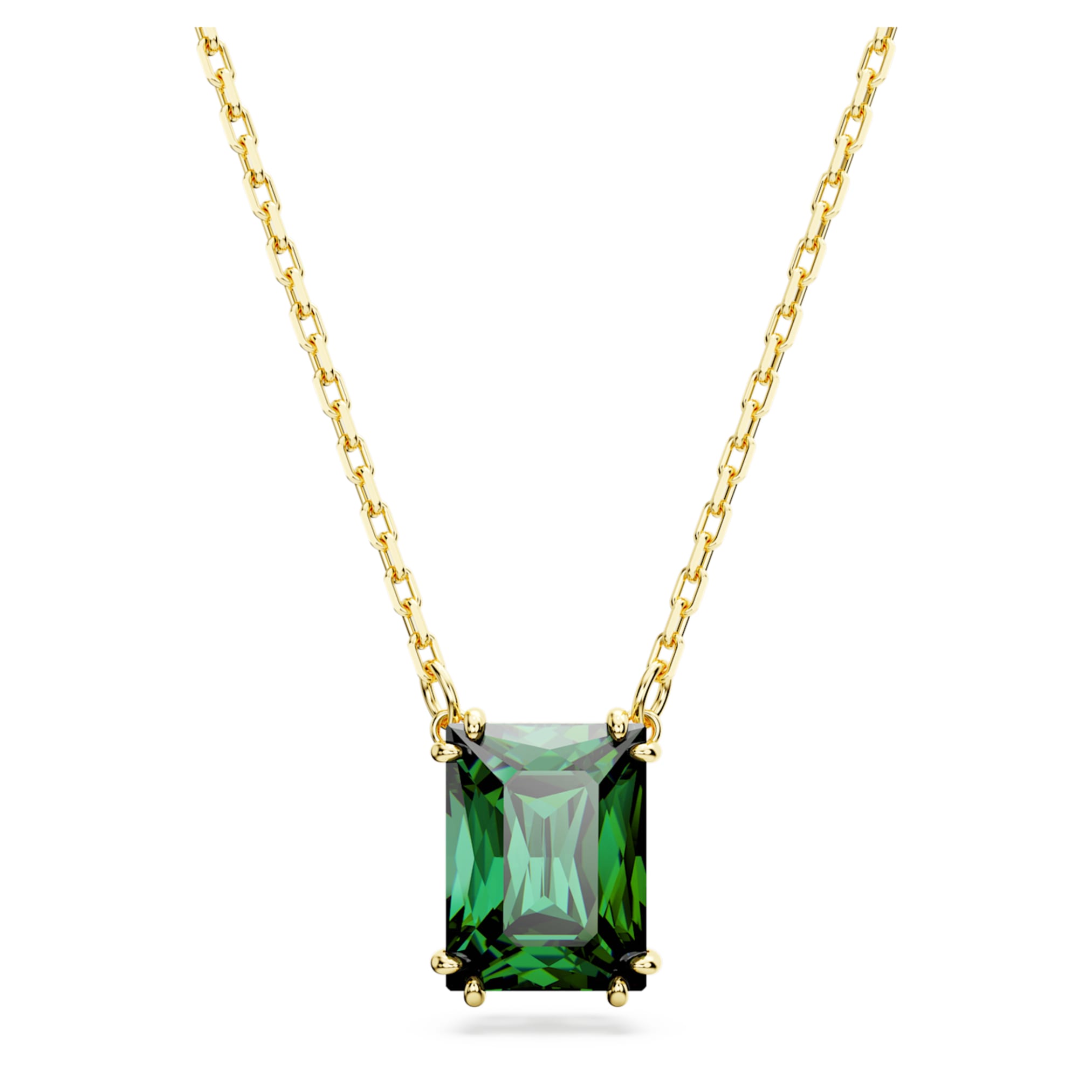 Swarovski Stilla pendant Rectangular cut, Green, 18K gold finish