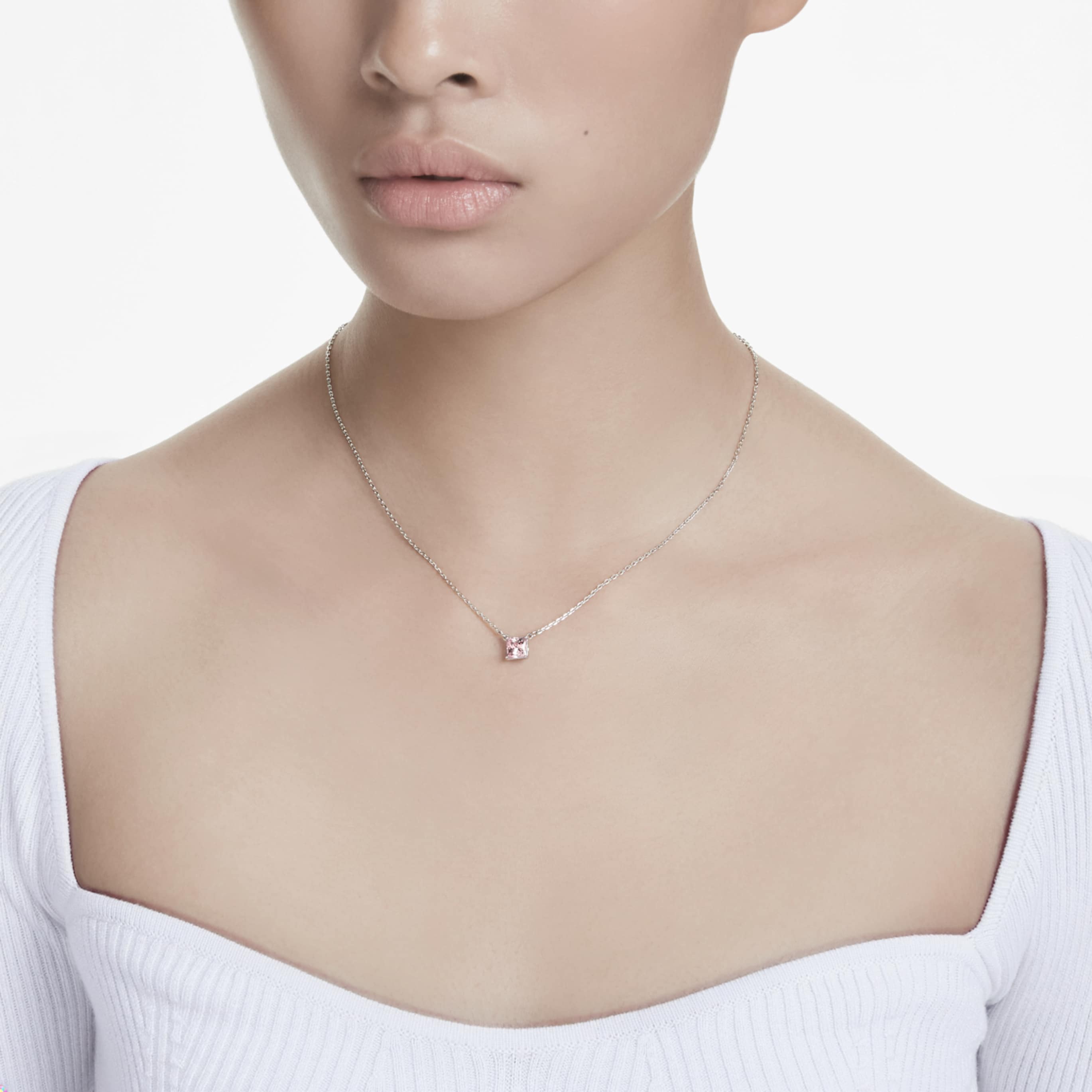 Swarovski Stilla pendant Square cut, Pink, 18K rose gold finish