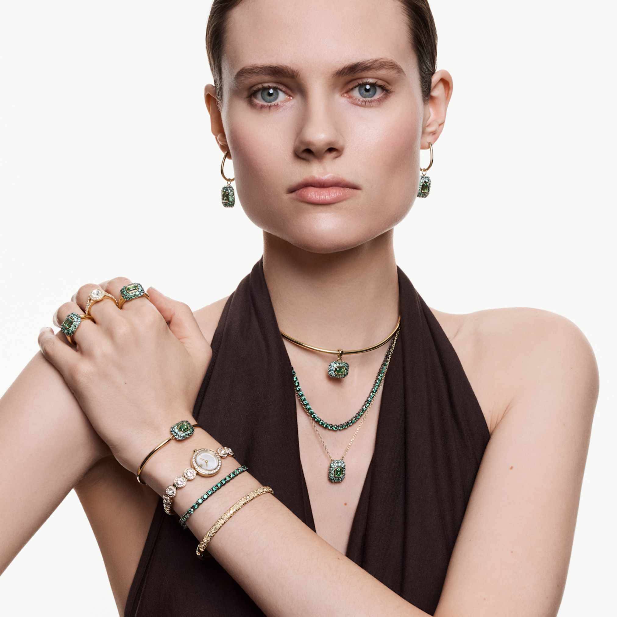 Swarovski Sublima bangle Octagon cut, Green, 18K gold finish