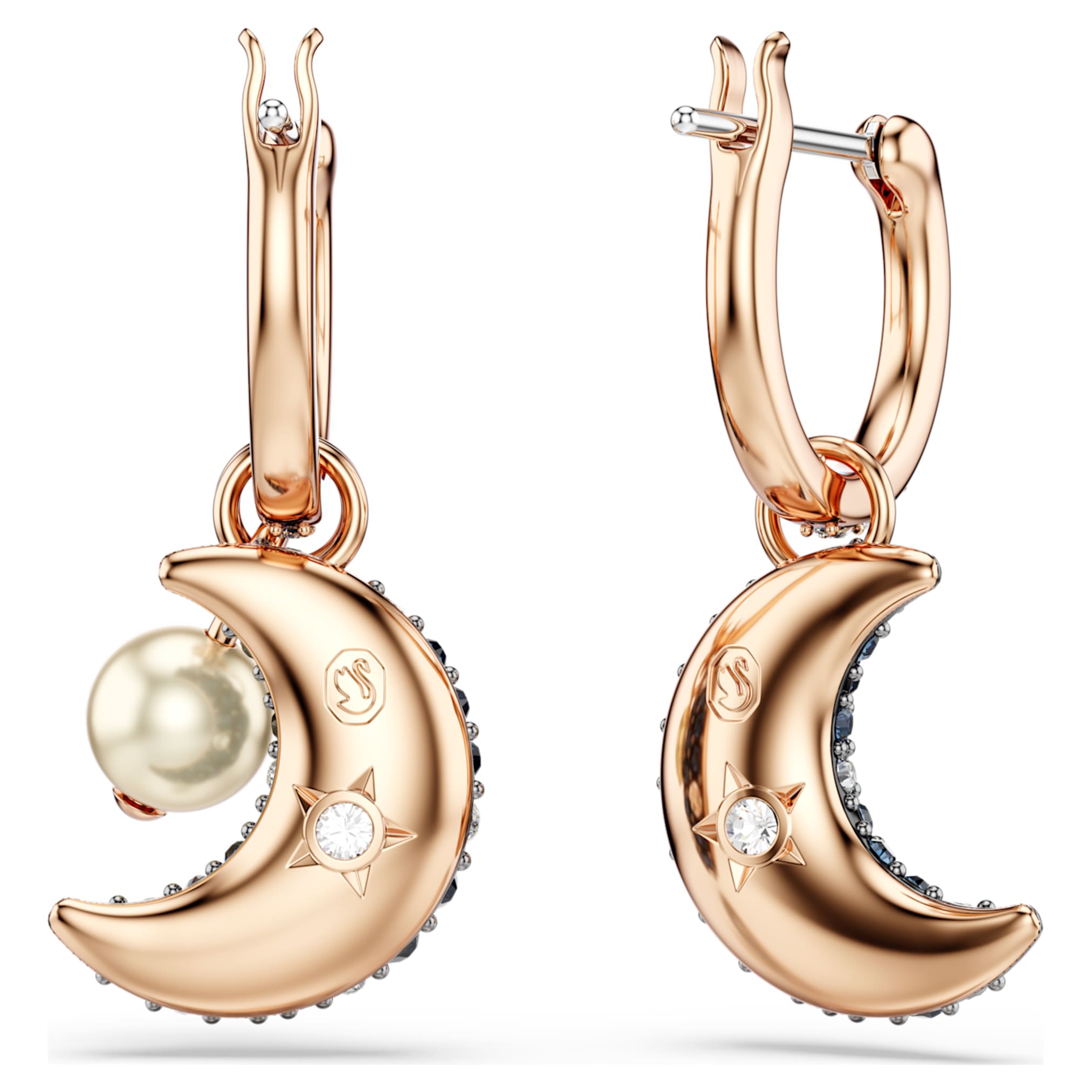 Swarovski Sublima drop earrings Crystal pearl, Asymmetrical design, Moon, Multicolored, 18K rose gold finish