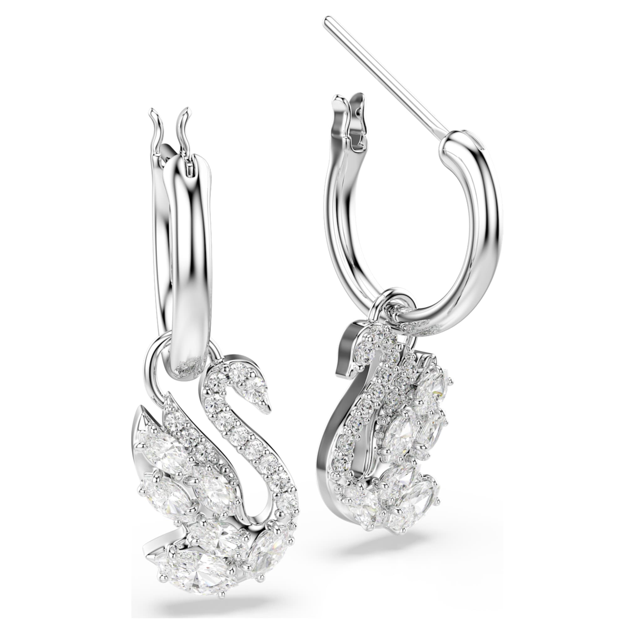 Swarovski Swan drop earrings Mixed cuts, Swan, White, Rhodium plated