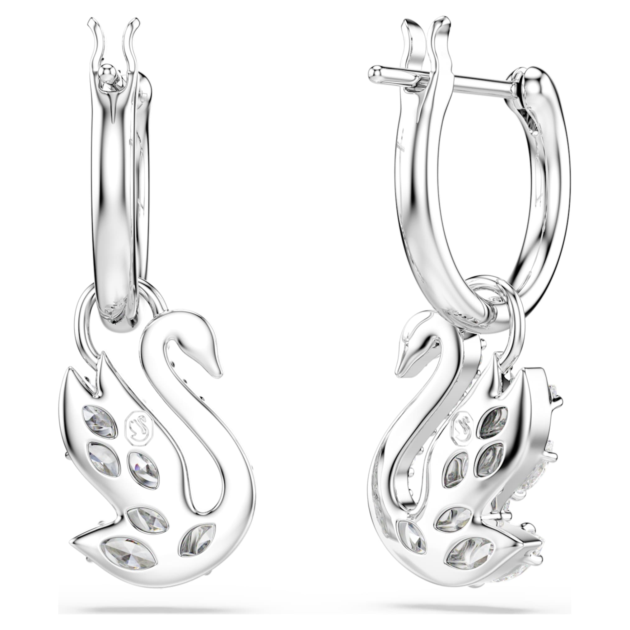 Swarovski Swan drop earrings Mixed cuts, Swan, White, Rhodium plated