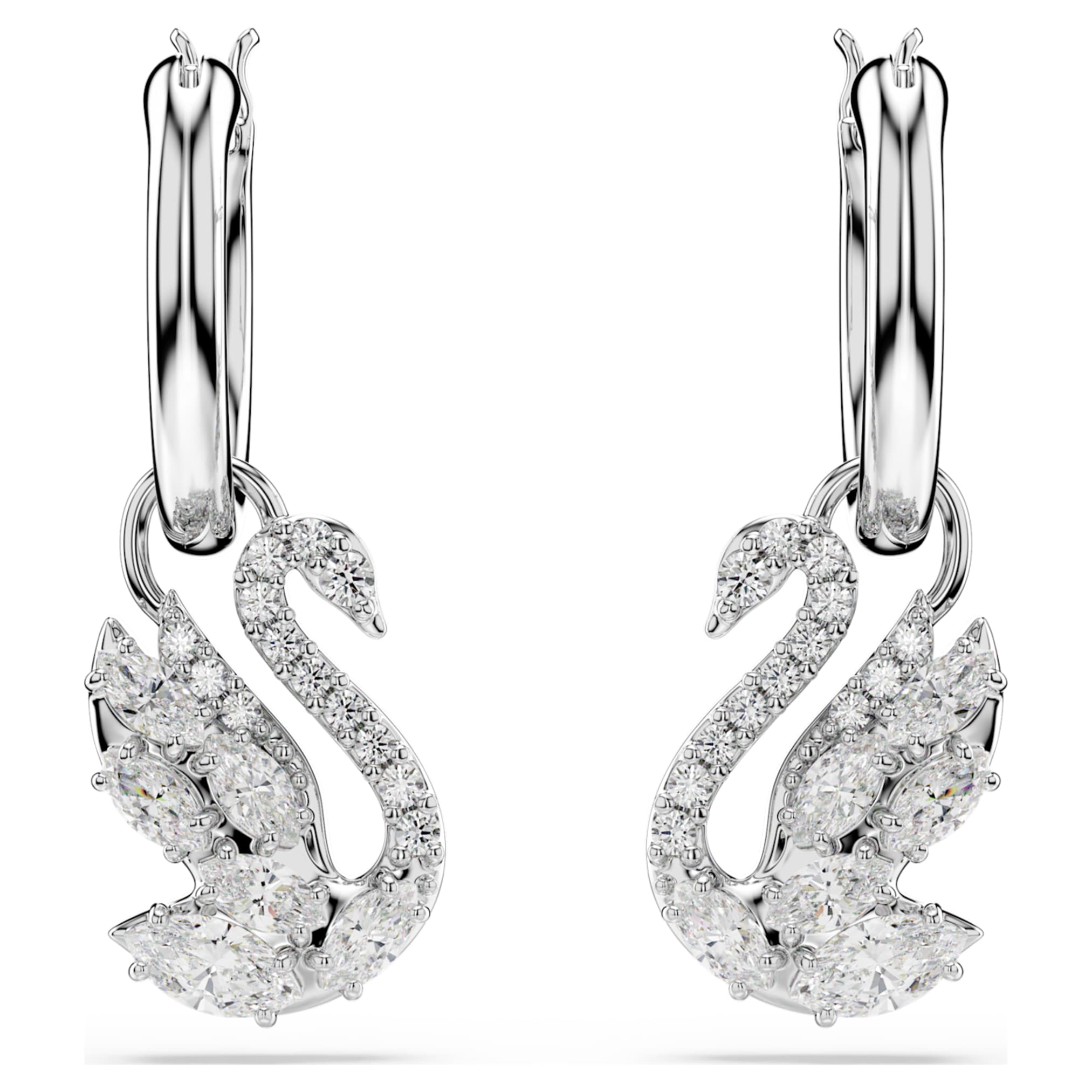 Swarovski Swan drop earrings Mixed cuts, Swan, White, Rhodium plated